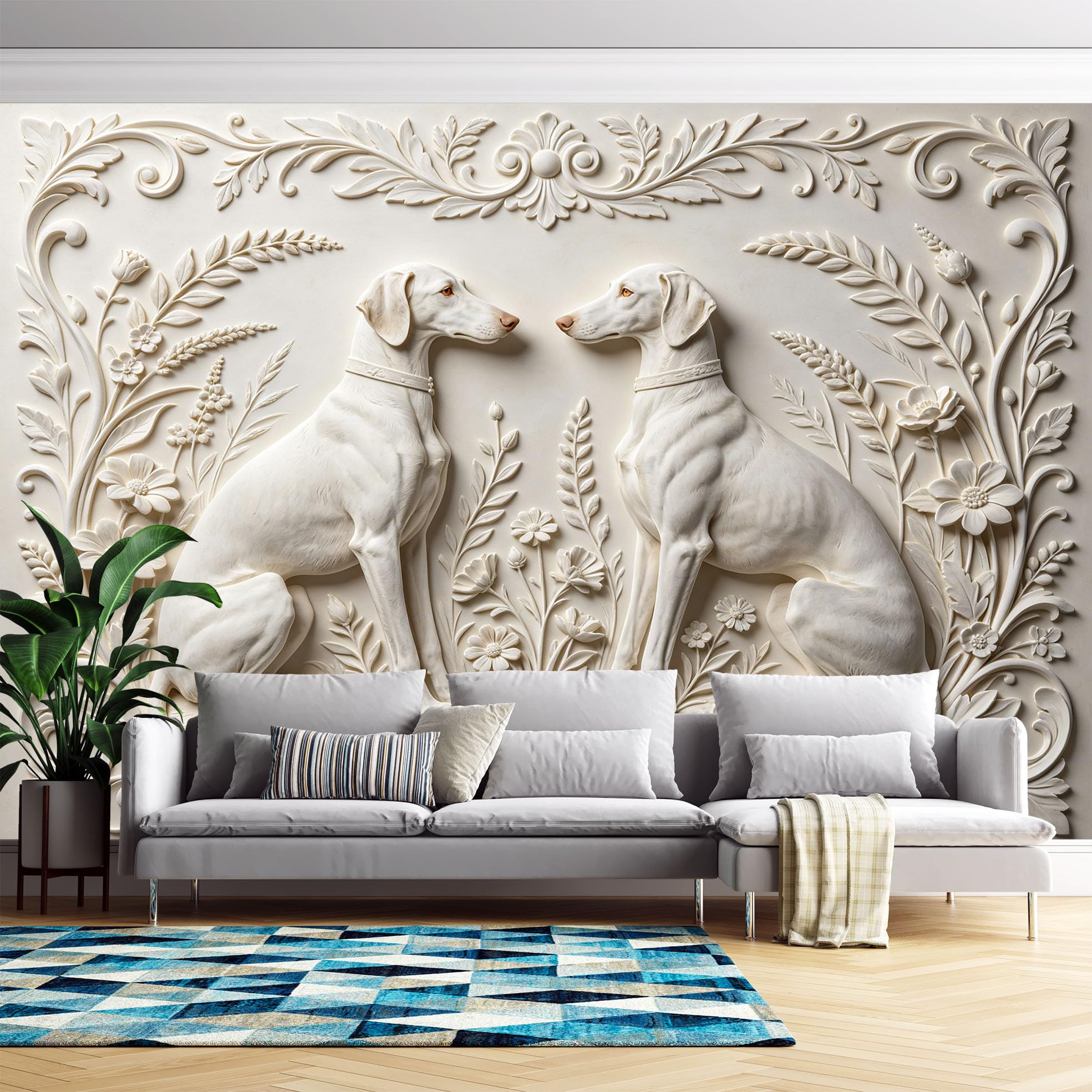Papier peint autocollant motif chiens jumeaux et fleurs décor mural poétique