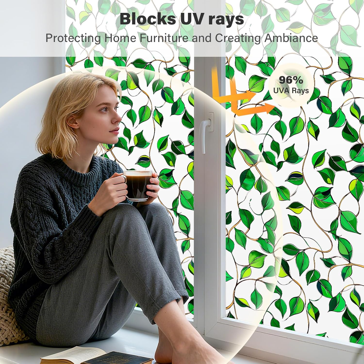 Donox Window Privacy Film, Decorative Frosted Static Cling Window Tint for Privacy, Home Decor Bathroom Door & Car Sticker, Adhesive-Free, Removable, UV Protection(Green Foliage, 35.4 x 157.4 inches