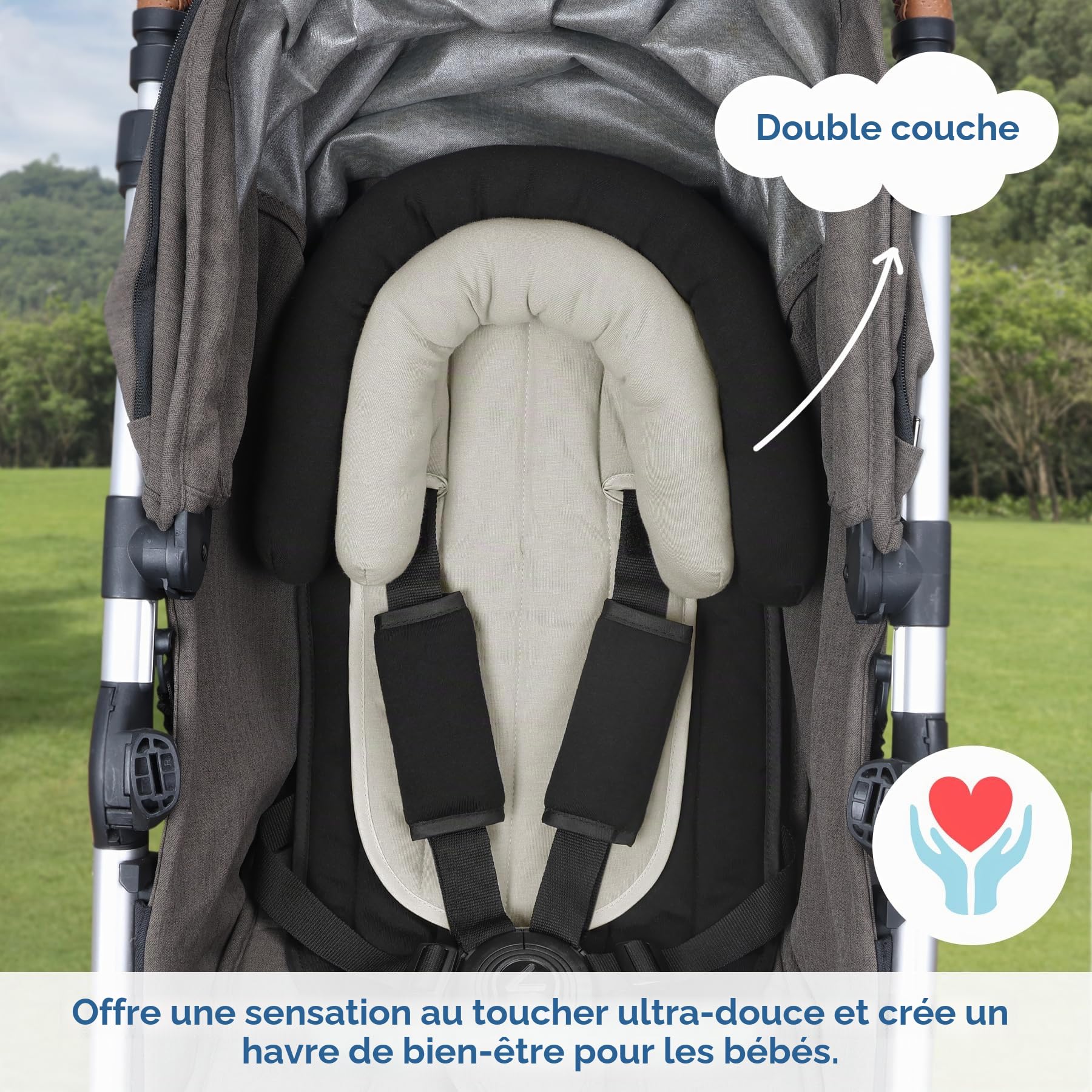 INFANZIA Réducteur de siège universel 2 en 1 avec rembourrage de ceinture, appui-tête pour nacelle, poussette et sièges auto - Noir
