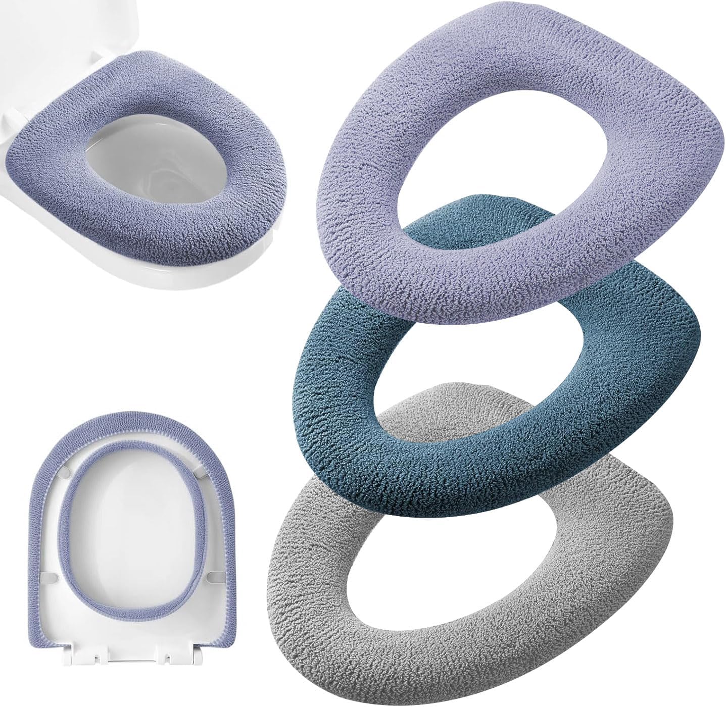 3Pcs/Pack Bathroom Soft Thicker Warmer Stretchable Washable Cloth Toilet Seat Cover Pads (Light Purple, Dark Green, Gray)