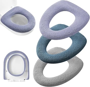 3Pcs/Pack Bathroom Soft Thicker Warmer Stretchable Washable Cloth Toilet Seat Cover Pads Light Purple, Dark Green, Gray