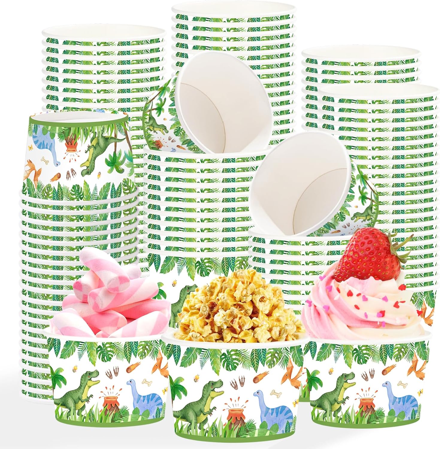 120 Pcs Dinosaur Ice Cream Cups 12 Oz Disposable Cartoon Dinosaur Paper Dessert Snack Bowls Dino Themed Food Yogurt Containers for Food Soup Candies Kids Birthday Baby Shower Picnic Party Decorations