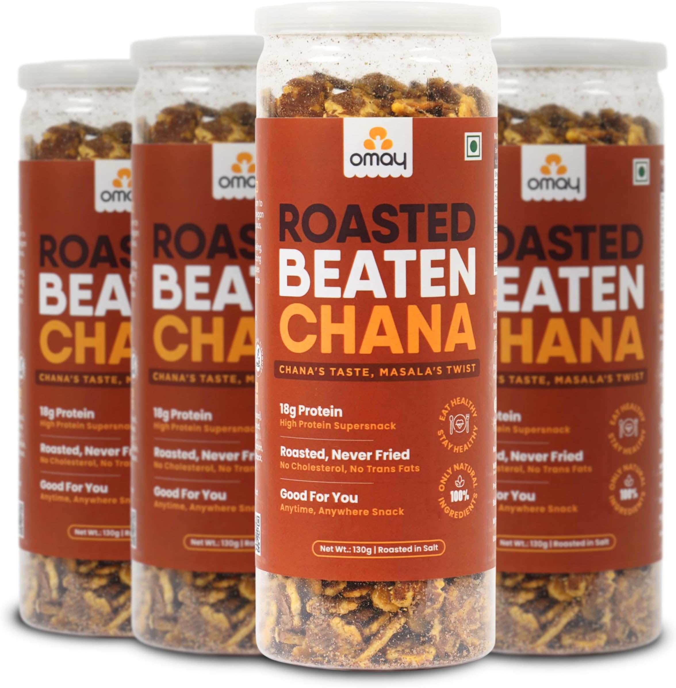 Omay Foods Roasted Chana Jor Garam, 130g (Pack of 4) | 19g Natural Protein | Oil-Free, Roasted Not Fried | Natural Ingredients | Chatpata Namkeen | Cholesterol-Free | Healthy Snack for Weight Loss
