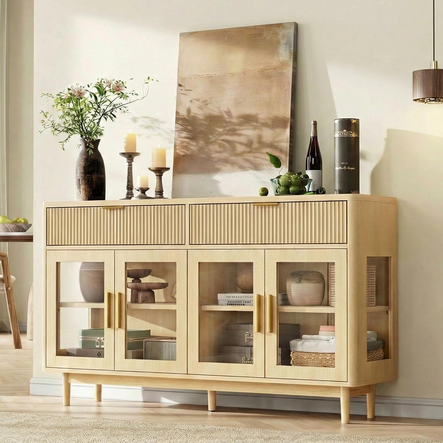 IRONCK 59" Modern Oak Sideboard Buffet with Glass Doors, Adjustable Shelves & Drawers - Kitchen Coffee Bar Storage Cabinet