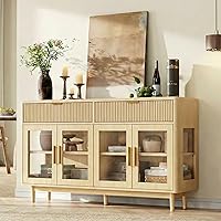 IRONCK 59" Modern Oak Sideboard Buffet with Glass Doors, Adjustable Shelves & Drawers - Kitchen Coffee Bar Storage Cabinet