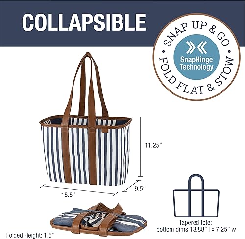 Miniatura 2 de CleverMade - Bolsa de lona y cesta plegable reutilizable, duradera y resistente, bolsa de compras de comestibles, color azul marino a rayas