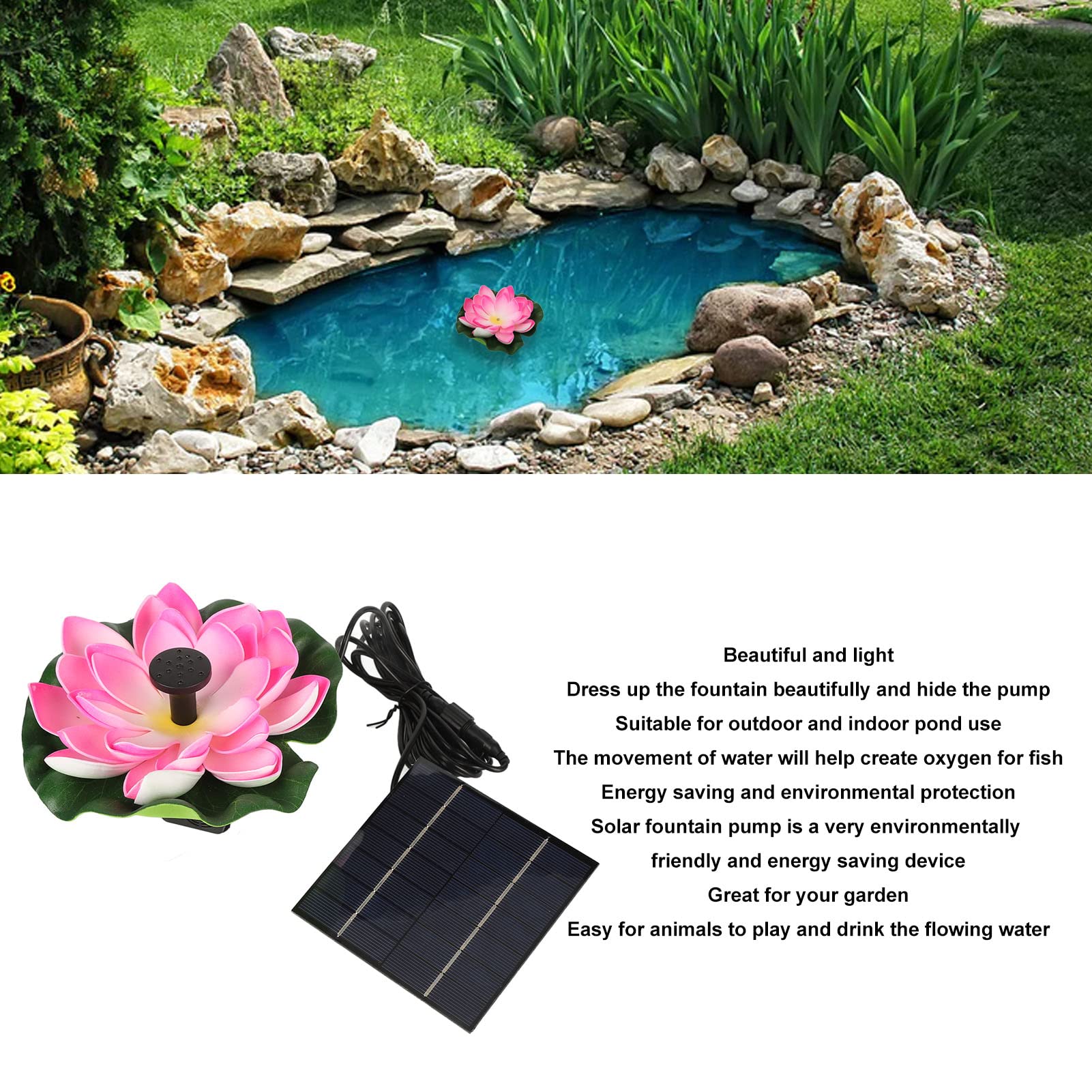 Solarna fontanna z kwiatem lotosu z 8 dyszami, pompa 1,4 W, do kąpieli dla ptaków, ogrodu, stawu, basenu, na zewnątrz, podnośnik, 39,9-220 cm