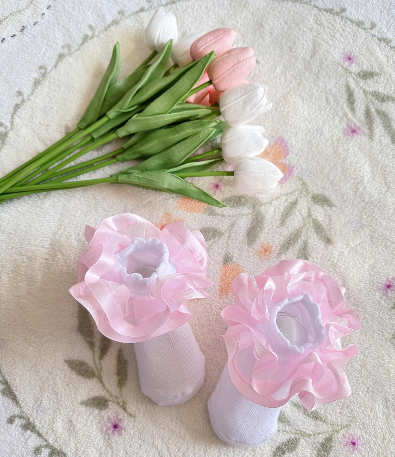 2 Pairs Girls Ruffle Lace Cotton Socks,Cute Double Big Lace White Frilly Princess Dress Socks for Toddler Little Girls - Image 4