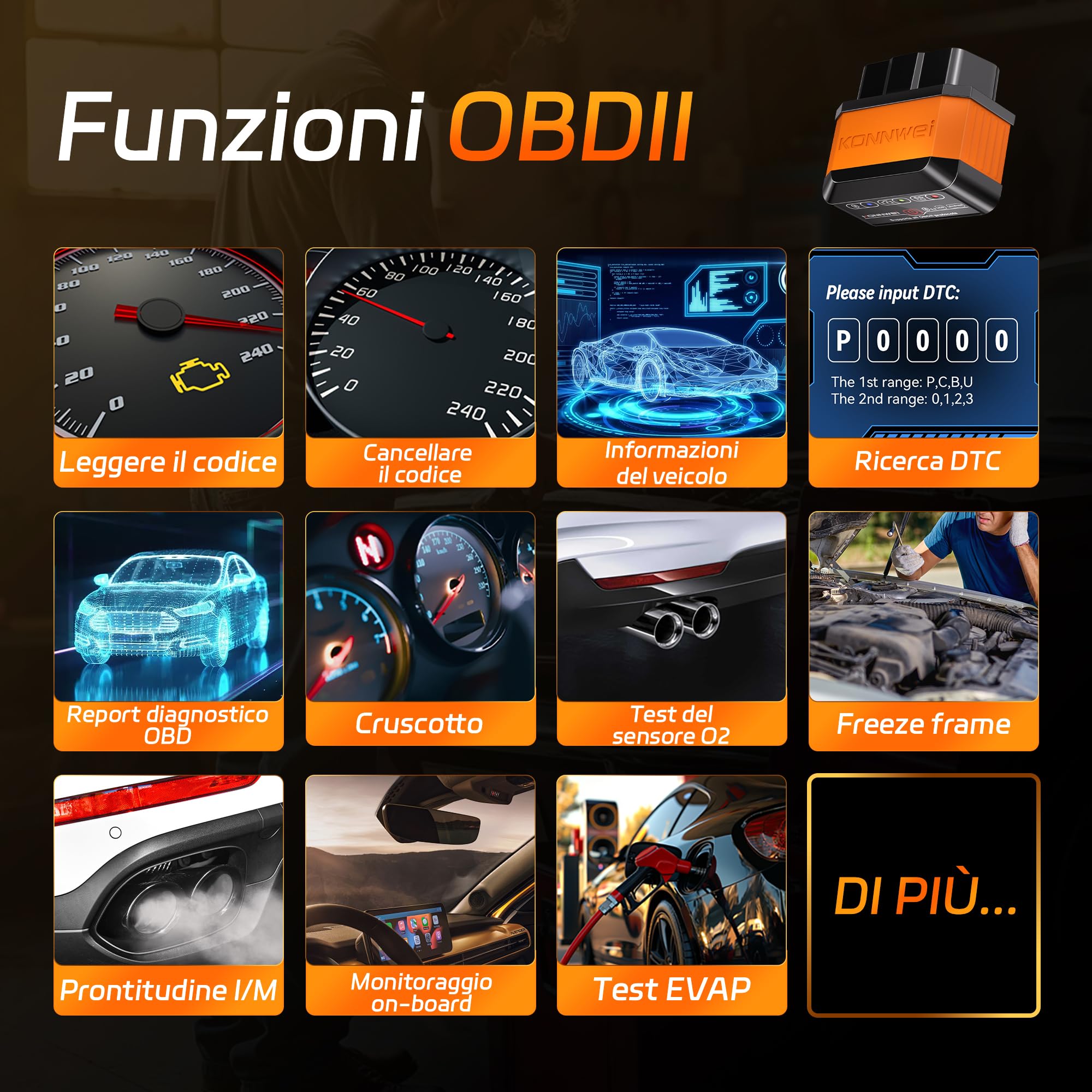 KONNWEI OBD2 - Dispositivo diagnostico Bluetooth, scanner wireless per auto, lettore di codici diagnostici con interruttore di alimentazione - Strumenti diagnostici OBD-II per iOS, Android e Windows