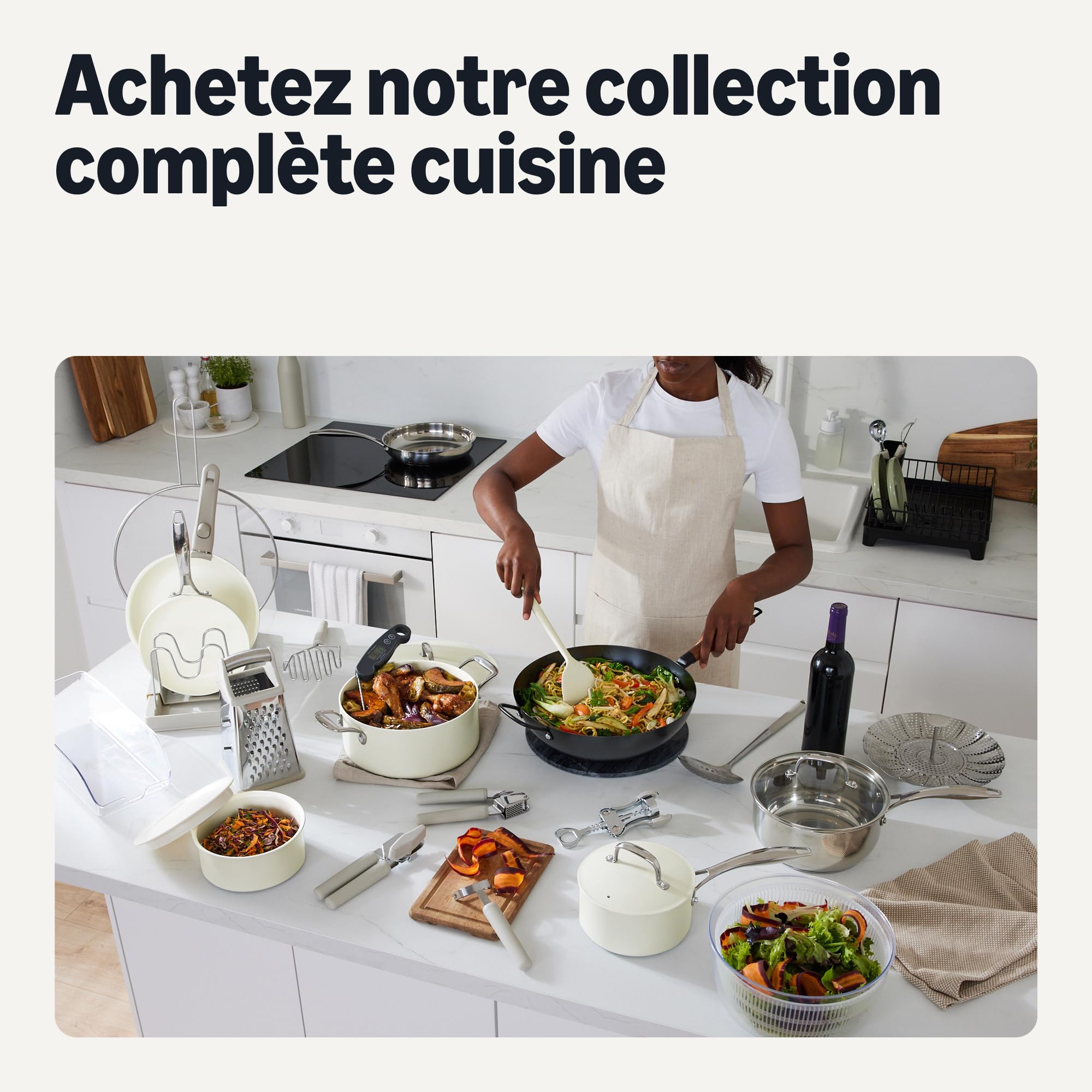 Amazon Basics Lot de 8 Casseroles et Poêles Antiadhésives en Céramique, Compatible Lave-Vaisselle et Four, Compatible Tous Feux, Couleur Ivoire