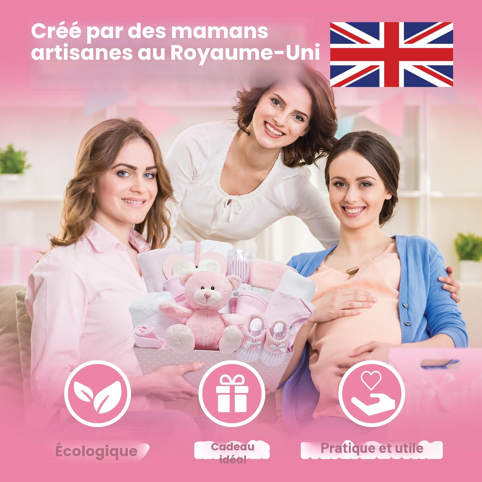 Baby Box Shop Coffret Naissance Rose pour Bébés Filles – Kit de Naissance avec Vêtements Bébé Fille, Lange en Polaire, Serviette avec Capuche 2 Étoffes en Mousseline et Un Adorable Ourson en Peluche