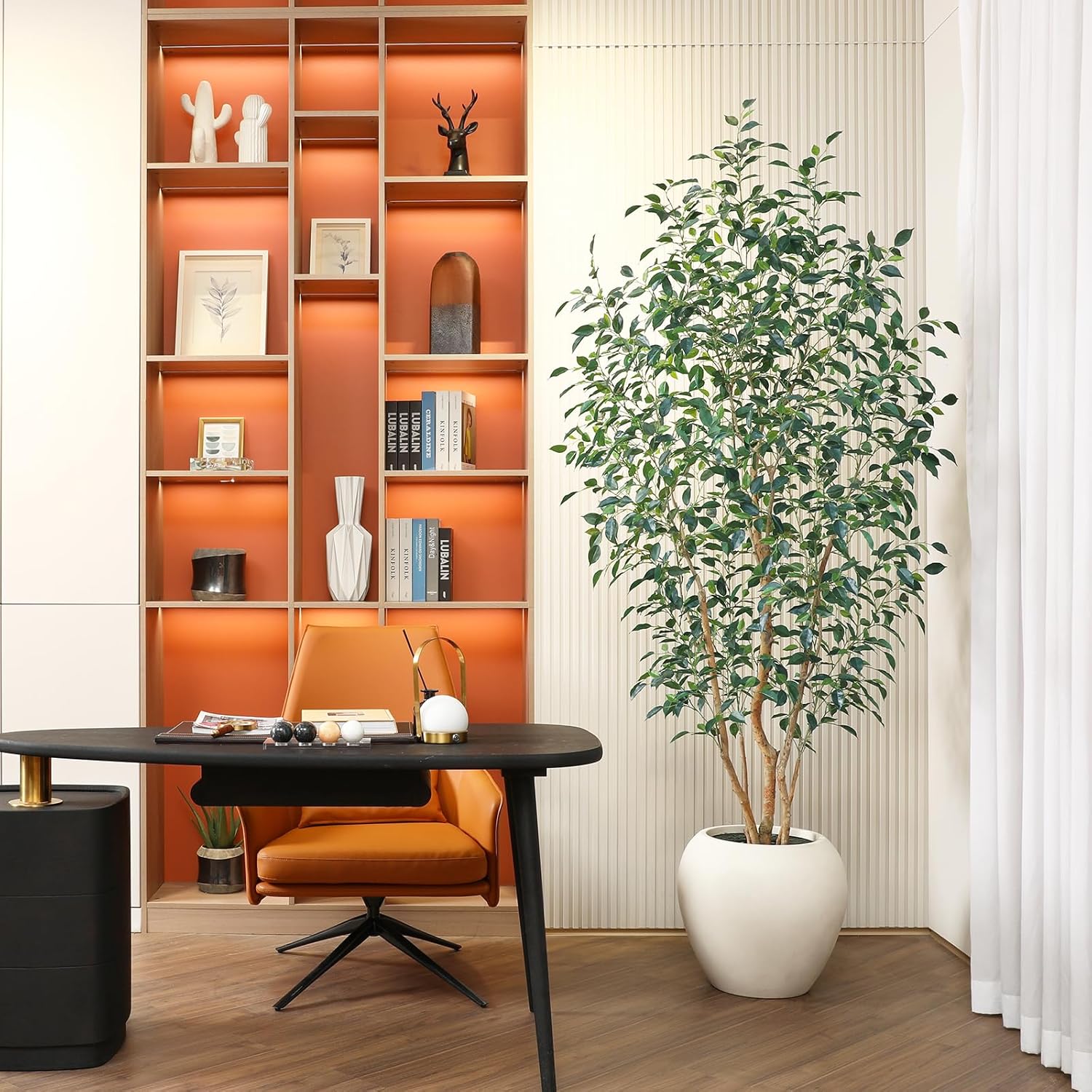 8FT Artificial Ficus Tree, Indoor Faux Ficus Plant with Realistic Leaves & Natural Wood Trunk, 8ft Tall, Green, All Seasons, Perfect for Living Room Home Decor