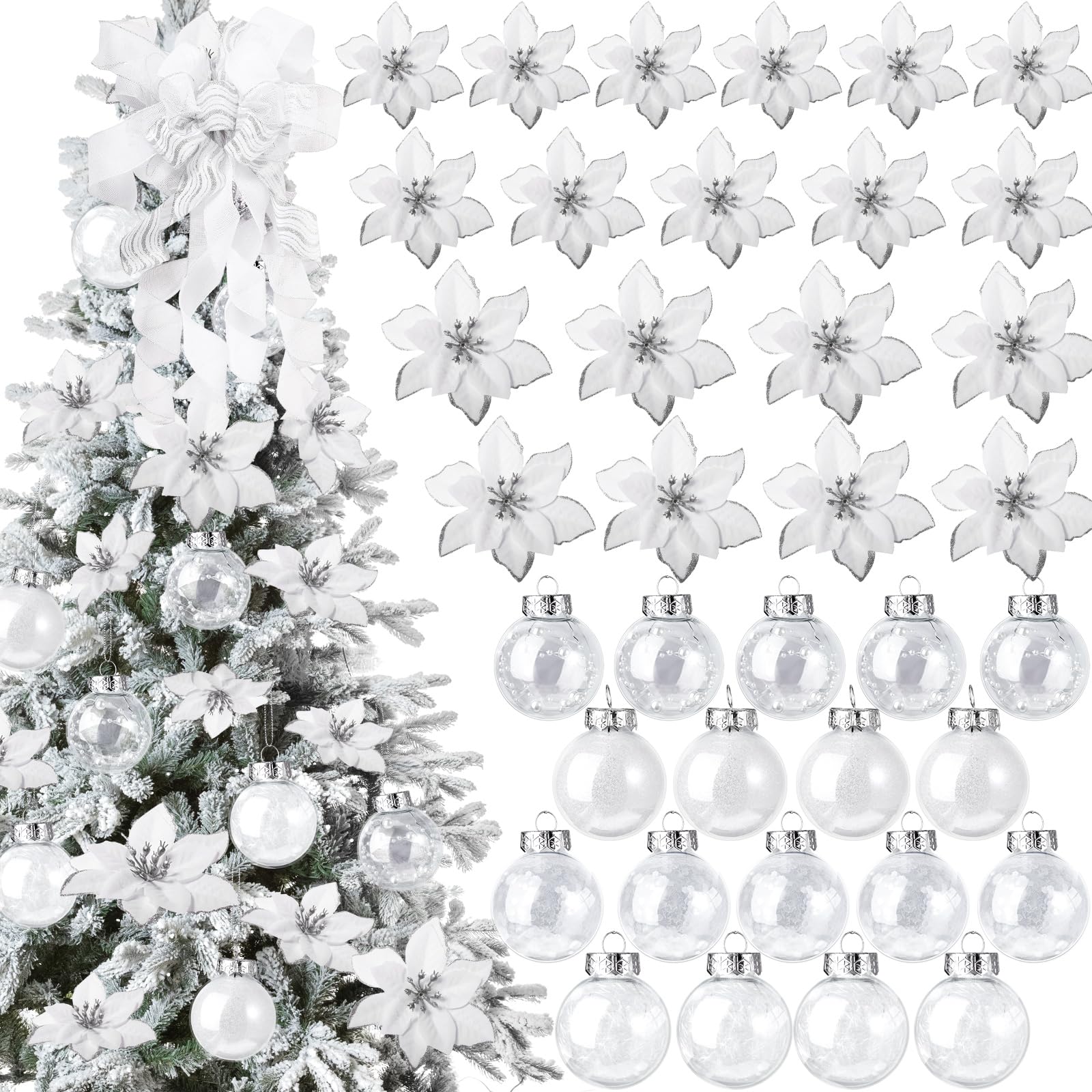 Decoración de árbol de Navidad plata con bolas de 2.36 pulgadas y flores brillantes de tres tamaños