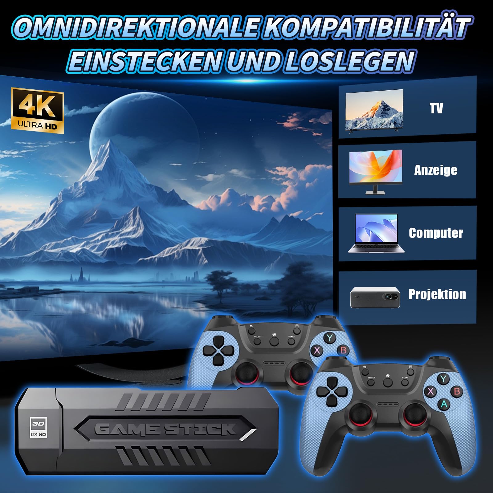 X2 Blue Retro Spiel Stick 4K, Emulator Videokonsole, Mit 40.000+ Retro Spiele, 40+ Emulatoren, Plug and Play Video Spiel Stick (128GB, 2 x 2,4 GHz Wiederaufladbarer Drahtloser Controller)