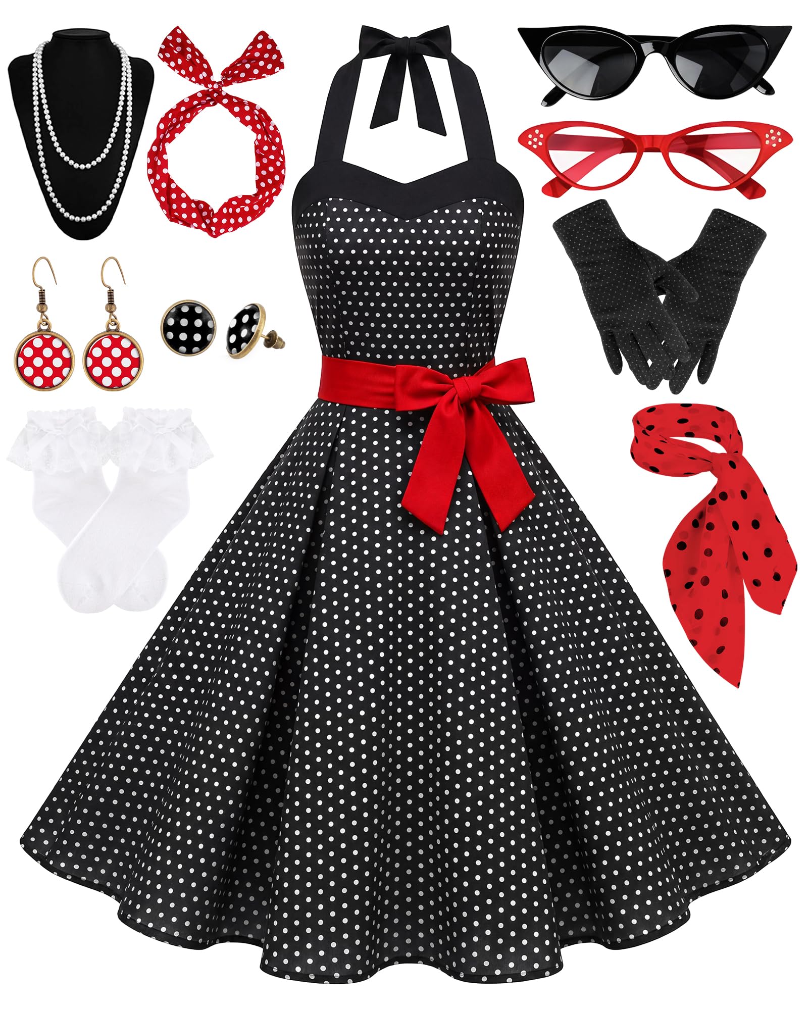 WILDPARTY Abito da donna anni '50, stile rockabilly, con 10 accessori, piccoli pois bianchi e neri, L | Costume vintage anni '50 con vestito a pois per carnevale, rockabilly, feste da ballo e feste a tema anni '50