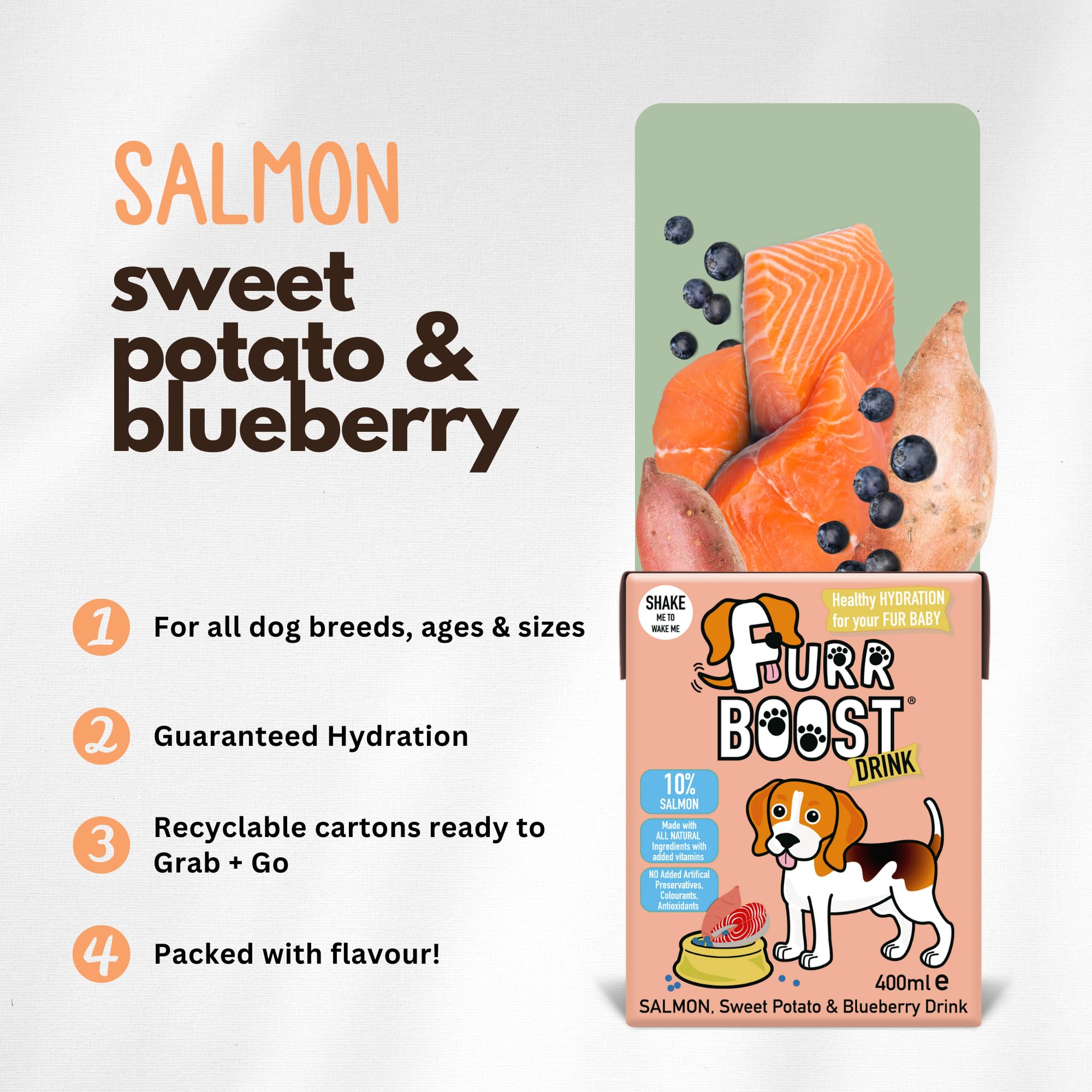 Furr Boost Dog Drink Hydration Pack Salmon, Sweet Potato & Blueberry (12x400ml), 12 x 400ml - Image 2