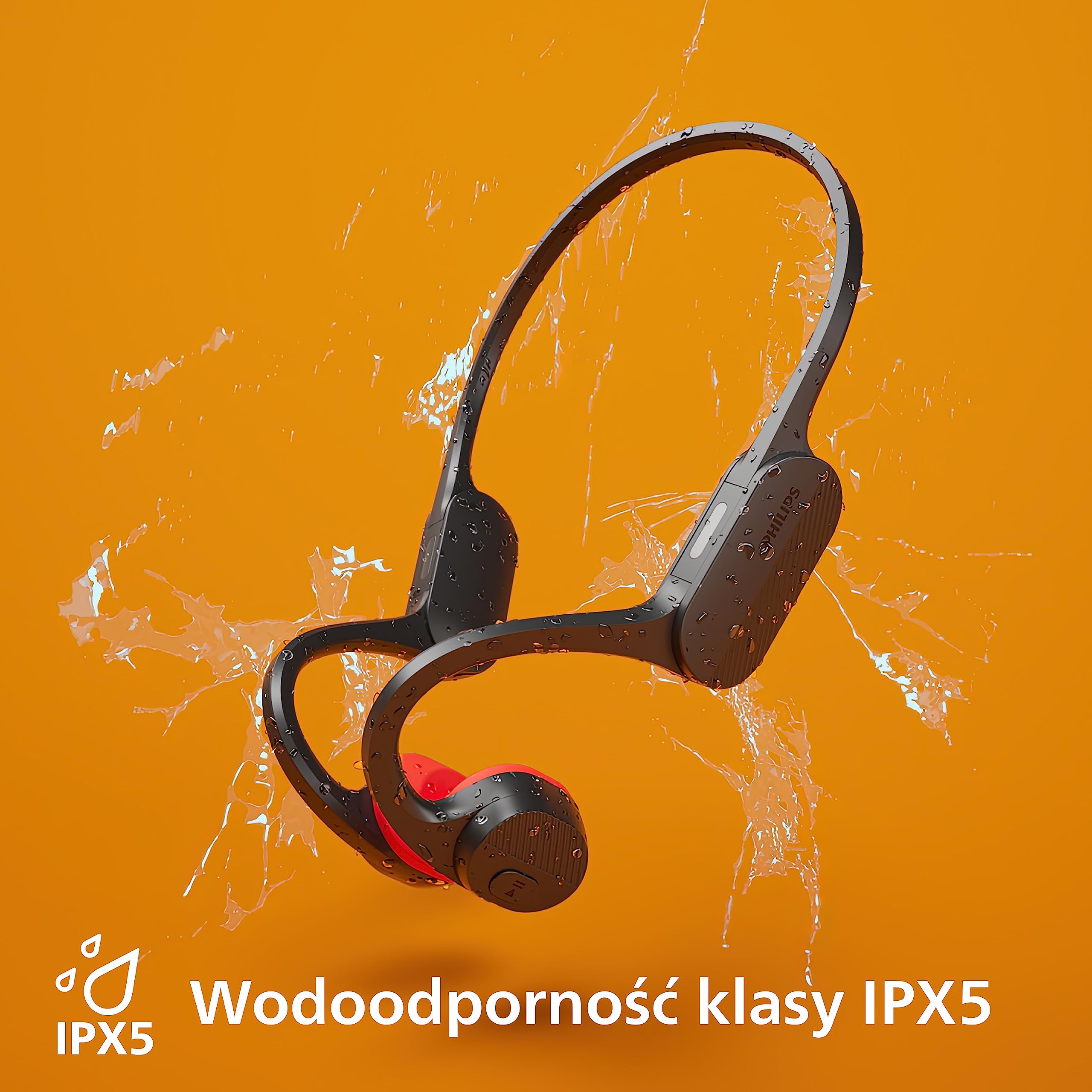 PHILIPS TAA5608BK/00 Bezprzewodowe Słuchawki Sportowe Otwarta Konstrukcja | Przewodzenie Kostne | Dźwięk Bluetooth LE i LC3 | Wodoodporność IPX5 | 6 h Odtwarzania | Diody LED | Mikrofon | Czarne
