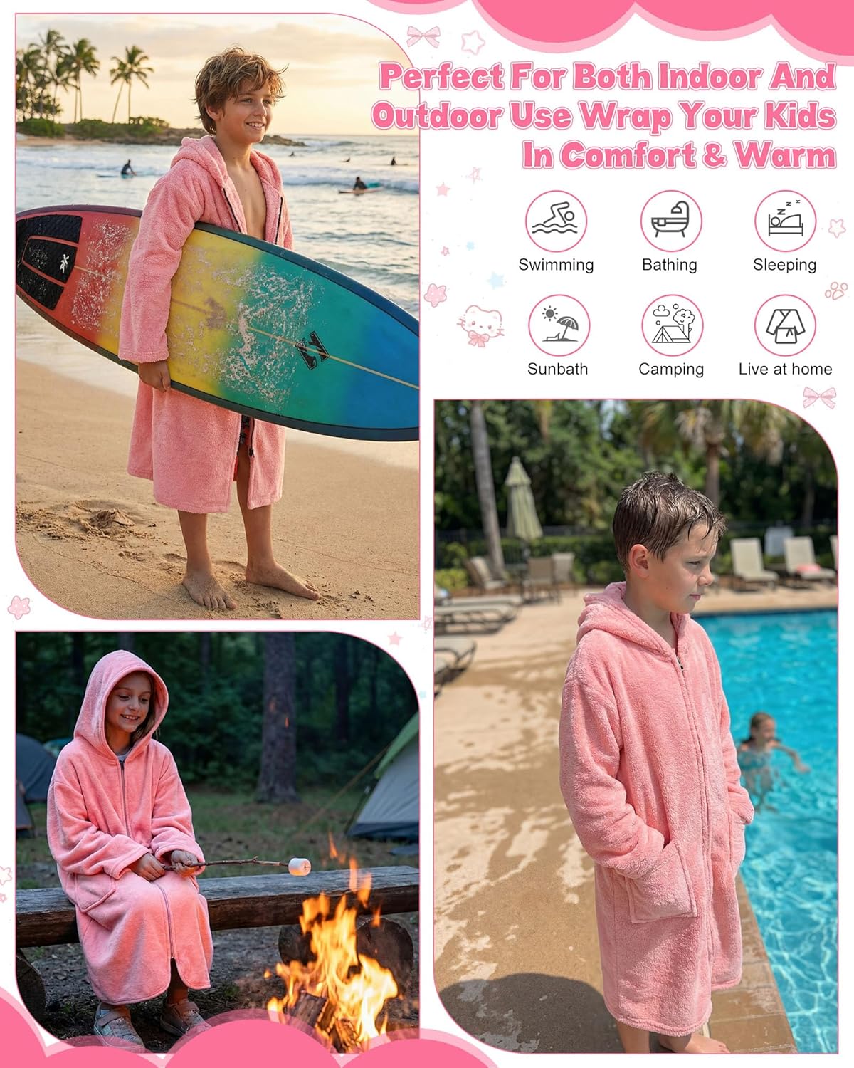 Cutecrop Kids Bath Hooded Towel Robe Soft Absorbent Swim Poncho Parka with Pocket Coral Fleece Zipper Towel Hoodie Beach Surf Change Robe Wearable Blanket for Boy Girl Pool Home Outerwear(Pink)