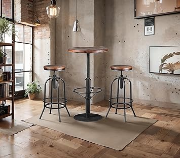 3-Piece Bar Stools and Table Set, 42" Tall Round Standing Pub Bistro Cocktail Table, with 2 Adjustable Swivel Stools 26"-32", Rustic Industrial,Space-Saving,Wood Top,Mostly WeldedBlack & Brown