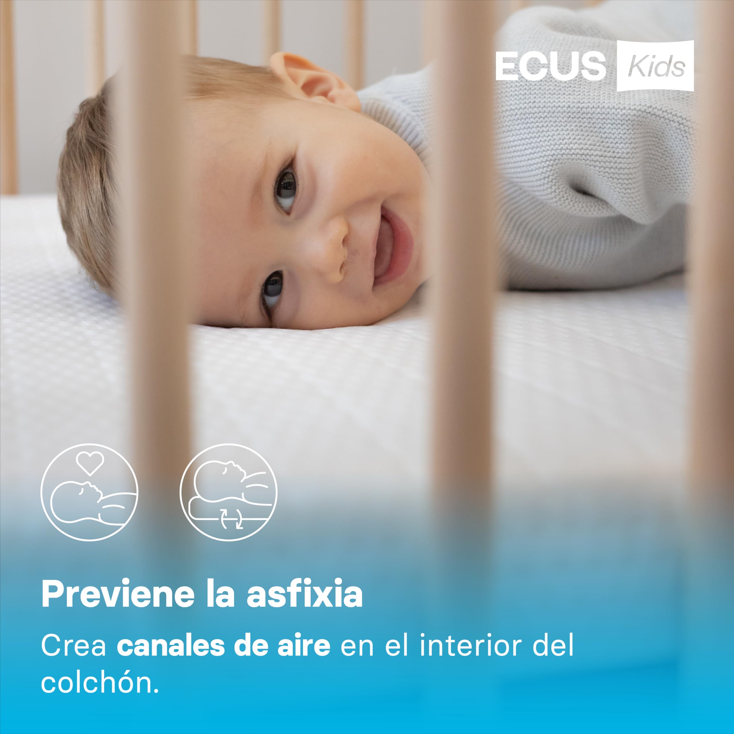 ECUS Kids Colchon Cuna 60x120 cm Modelo Care, Previene la Plagiocefalia. Certificado Sanitario. Colchón Bebé Desenfundable, Hipoalergénico y Transpirable con Altura de 12cm
