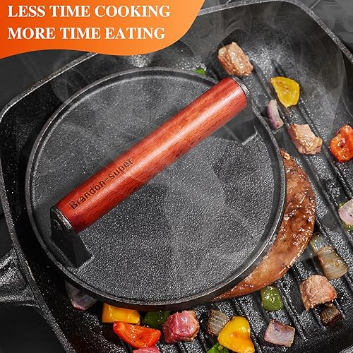 Miniatura 7 de Brandon-super Prensa de hamburguesa de hierro fundido resistente  Prensa de grado alimenticio para marcas perfectas de parrilla, mango de madera que