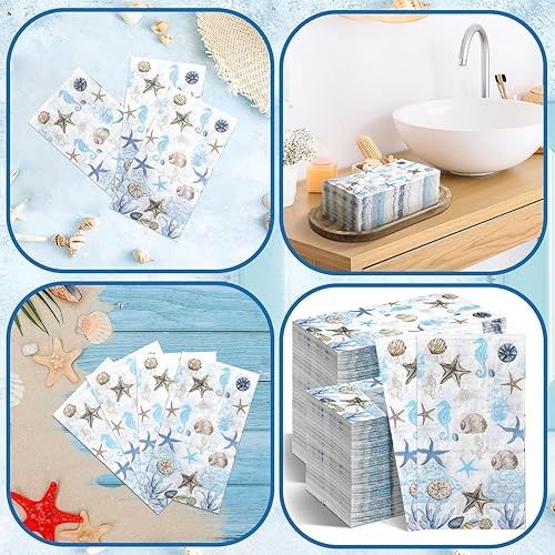 Miniatura 5 de Jetec 200 servilletas de papel de mar, toallas de papel de verano para baño, diseño de estrella de mar azul marino, desechables, servilletas de