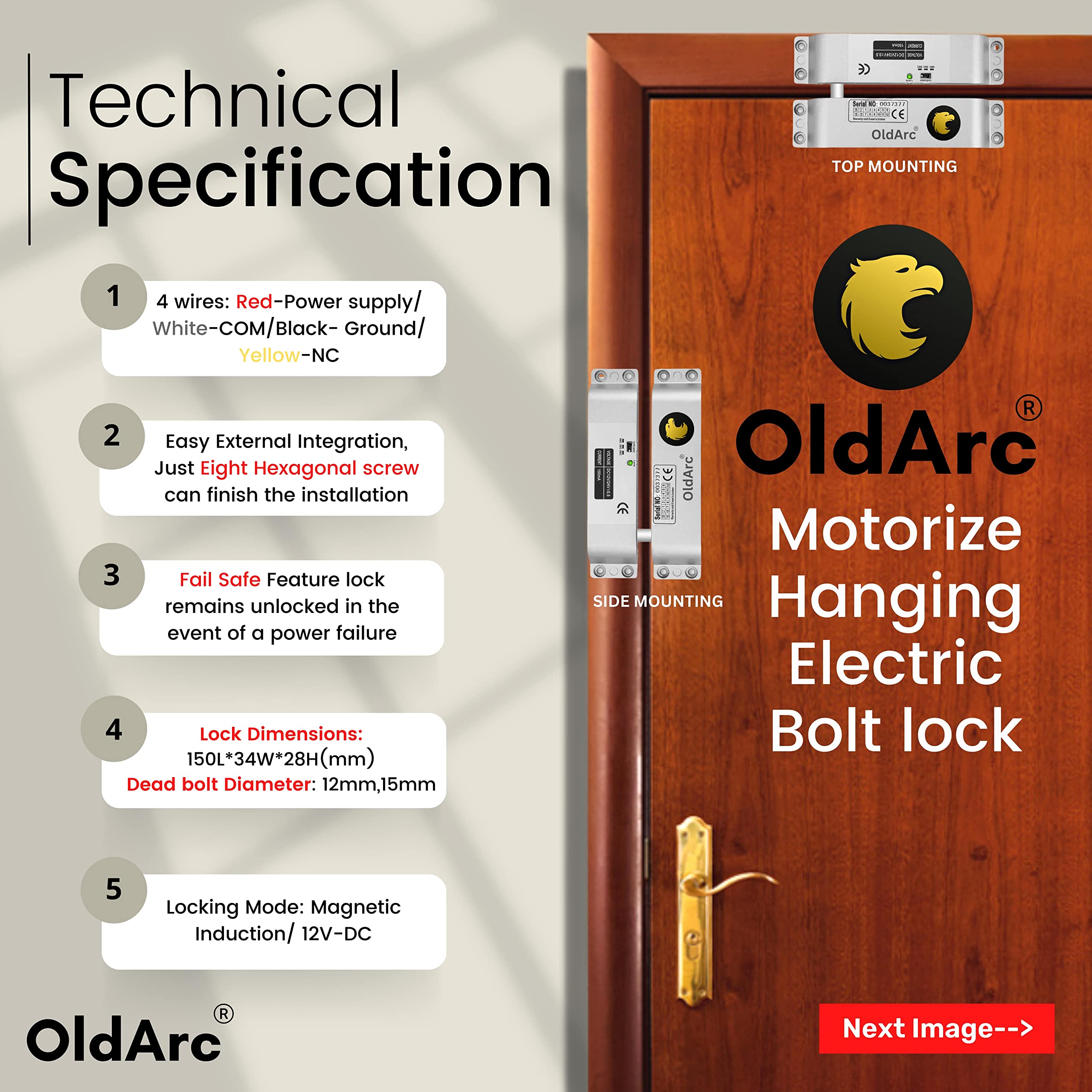 OldArc SB2 Surface Drop Bolt Lock | 4 Wire Electric Bolt Lock for Door Access Control | Flat Surface Auto Door Lock for Metal Wooden Door | 12V DC Electric Lock with Time Delay — Amazon image 3