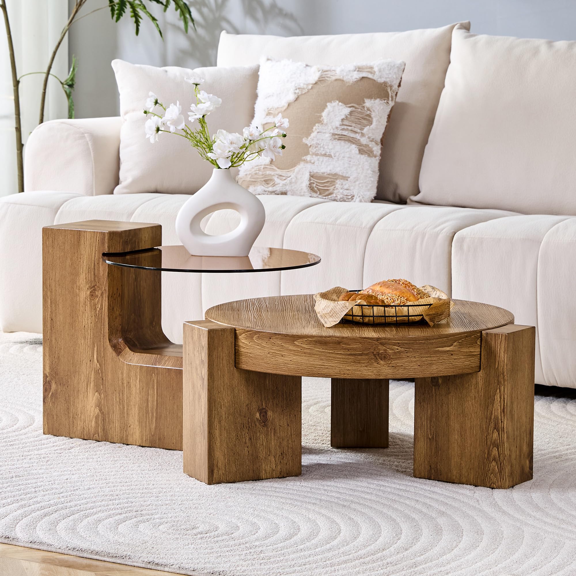 Bladez Mesa de centro con 2 niveles y patas en forma de L, mesa auxiliar redonda desmontable con tapa de cristal marrón transparente y aspecto de madera, para salón, dormitorio, balcón, mesa de centro