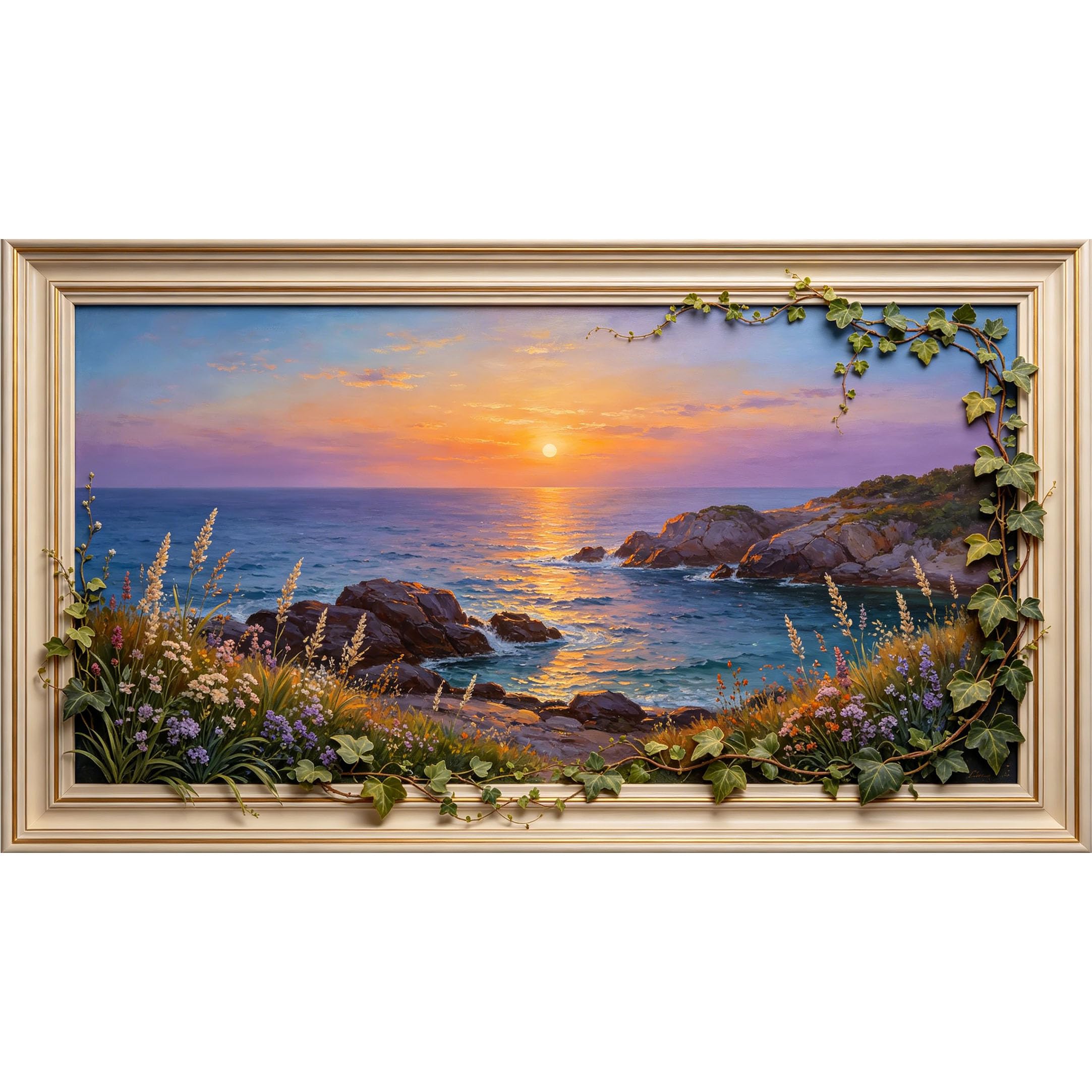 QZLITHOTIC 50x90cm3D Framed Wall Art， Coastal Sunset Ocean Landscape Self‑Adhesive Mural， Water‑Activated Peel & Stick Fabric Decor Wall Decal for Bedroom Living Room
