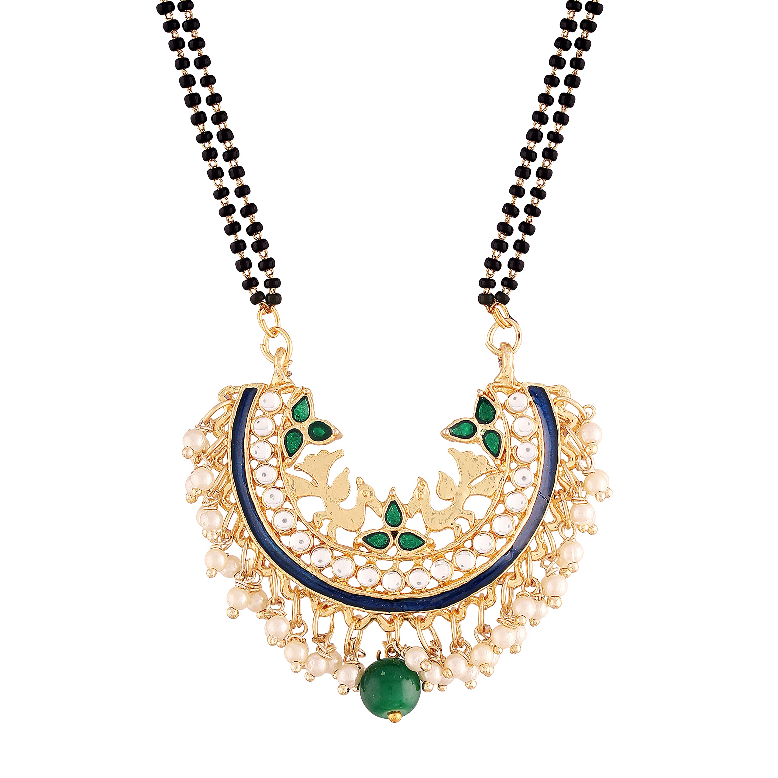 I Jewels18k Gold Plated Traditional Meena Work Pearl Studded Pendant with Black Bead Chain Mangalsutra for Women (D082)