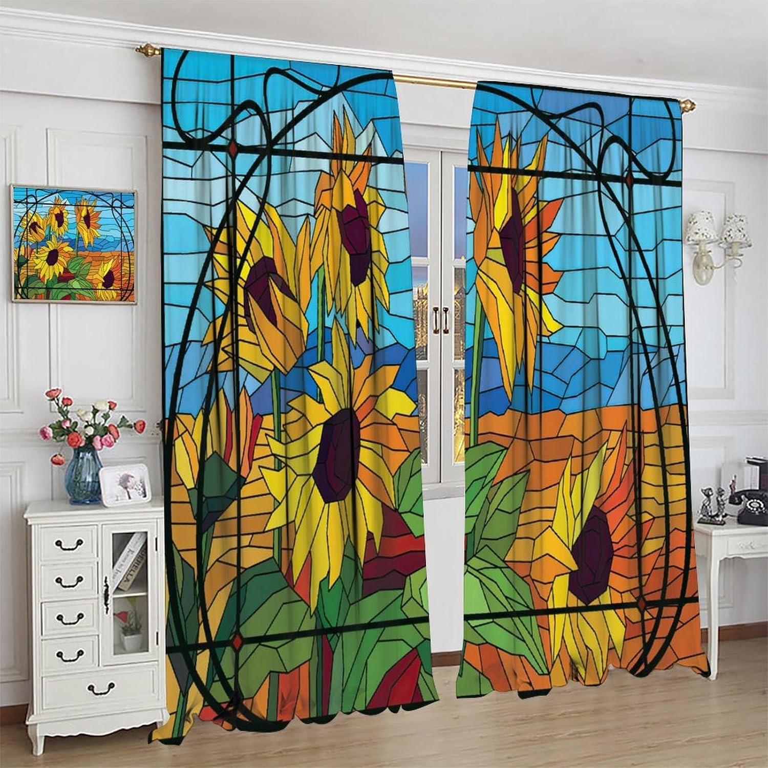 Vintage Style Blackout Window Curtains, Stained Glass Sunflowers Autumn Print Window Drapes, for Living Room Bedroom 21(W)*54(L) 2 Panels