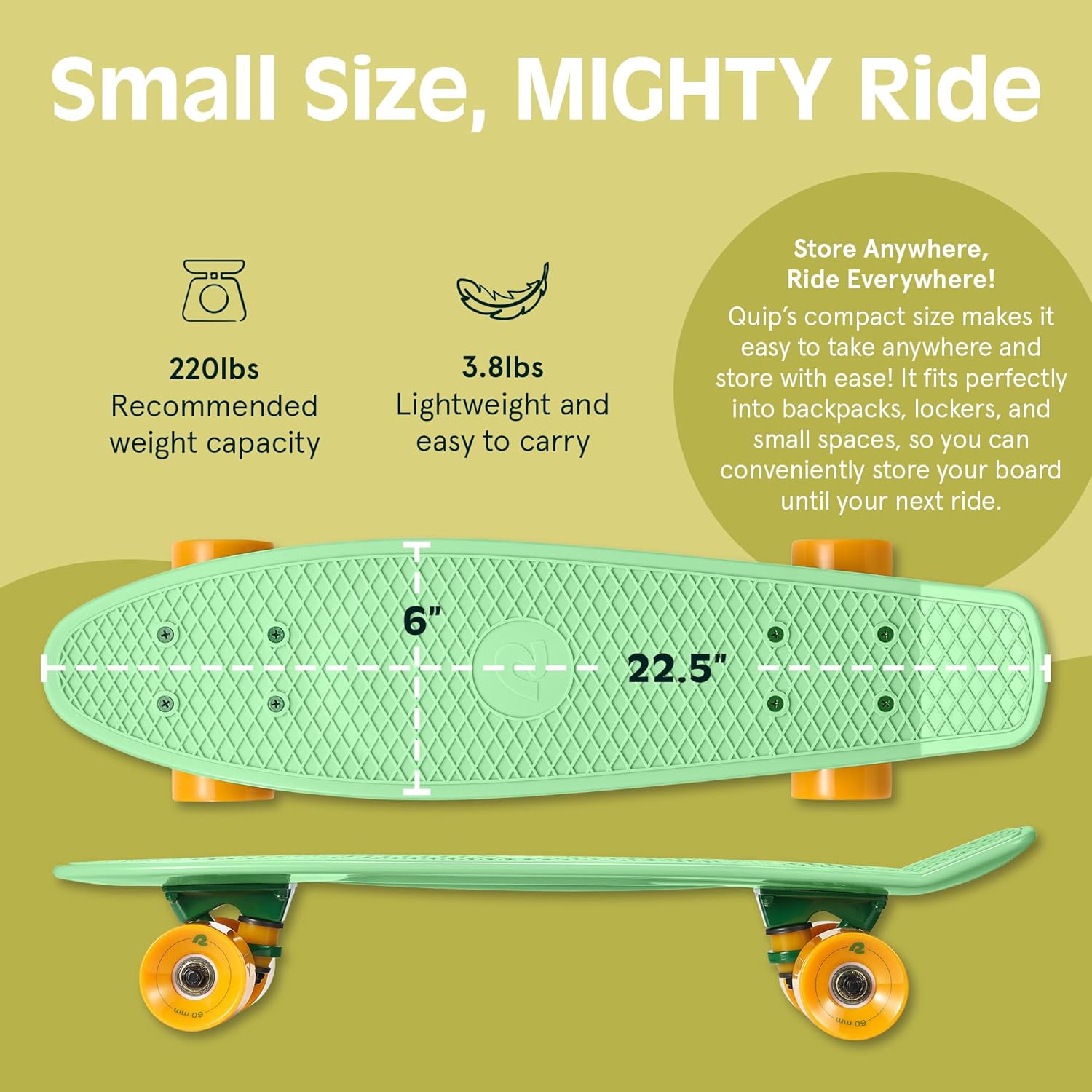 Retrospec Quip Mini Cruiser Skateboard 22.5" Classic Retro Plastic Cruiser Complete Skateboard with ABEC 7 Bearings and PU Wheels Compact Board w/Grippy, Molded Waffle Deck