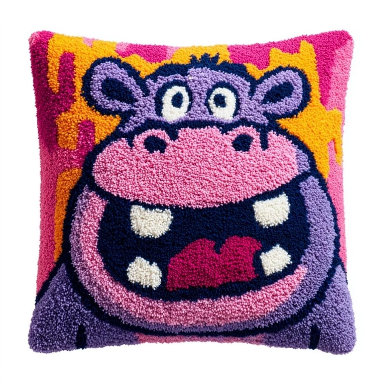 AxiangziK Latch Hook Kits for Adults Beginners 17x17in,Cute Hippo Creative Latch Hook Pillow Kit with Preprinted Canvas for Home Decoration and Present 43x43cm