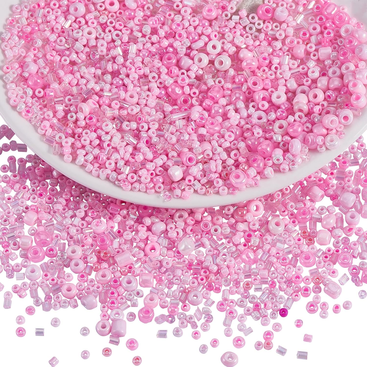 BEEFLYING 1 Pack Assorted Glass Seed Beads Bugle Beads Tube Beads for Jewelry Making 1.5-4.5mm Tube Loose Glass Seed Spacer Beads Bulk for DIY Jewelry Bracelet Neckalce Earring Making (Pink)