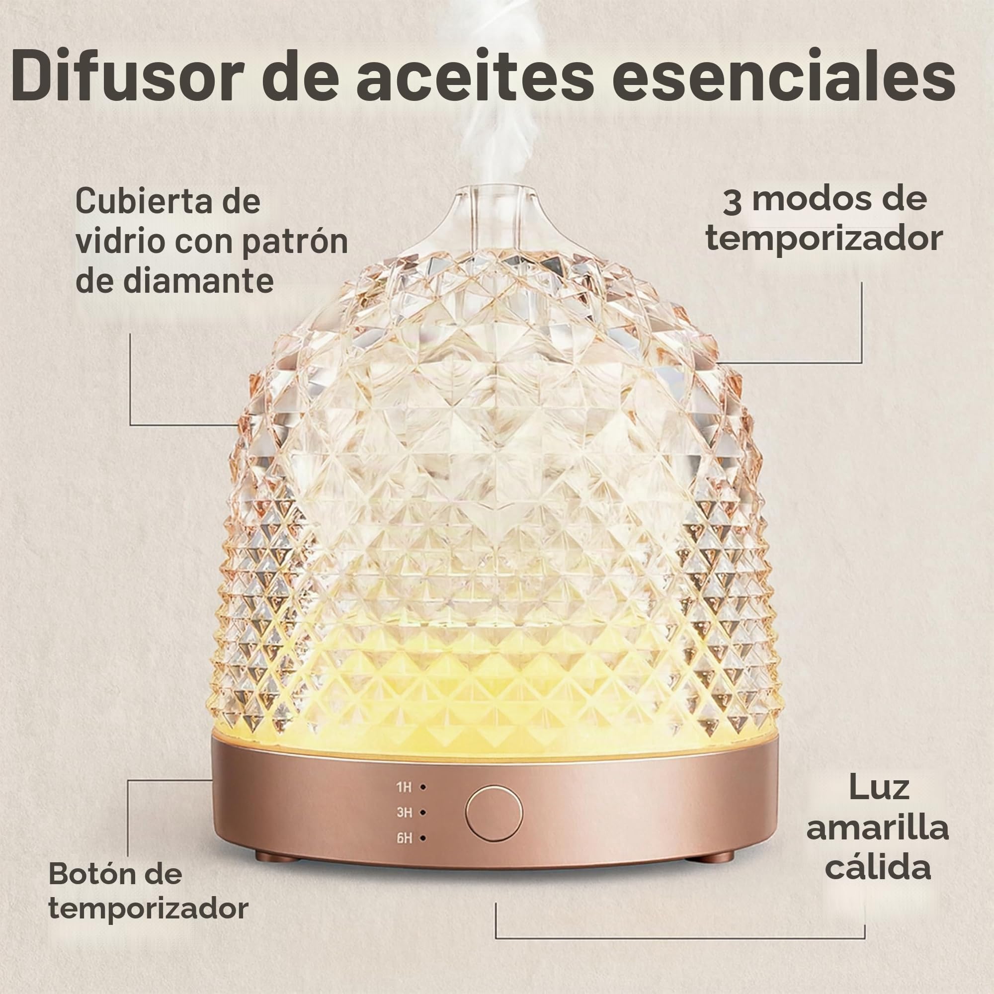 ALMA Difusor y humidificador de aceites Esenciales con depósito de Cristal de 200 ml - aromaterapia Elegante con Vidrio, iluminación LED de Ambiente, 10 Horas de Niebla tranquilizadora (Gold Rose)