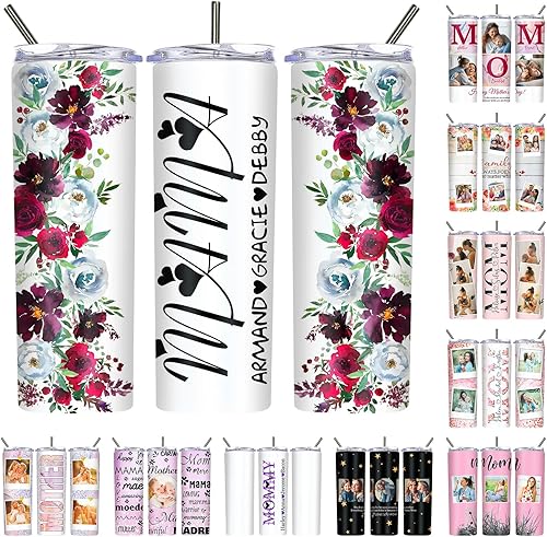 Vaso personalizado de regalo para mamá, vaso delgado con popote y tapa, 20 onzas, vaso de viaje aislado de acero inoxidable para café, con fotos,