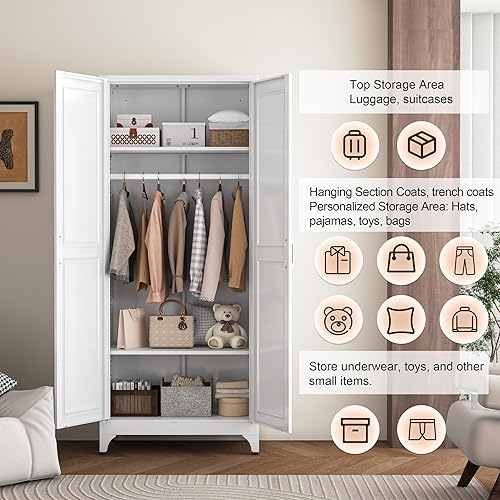 Miniatura 3 de Armario de metal, armario con barra para colgar, armario de almacenamiento de ropa con estantes y puertas ajustables, armario de ropa para