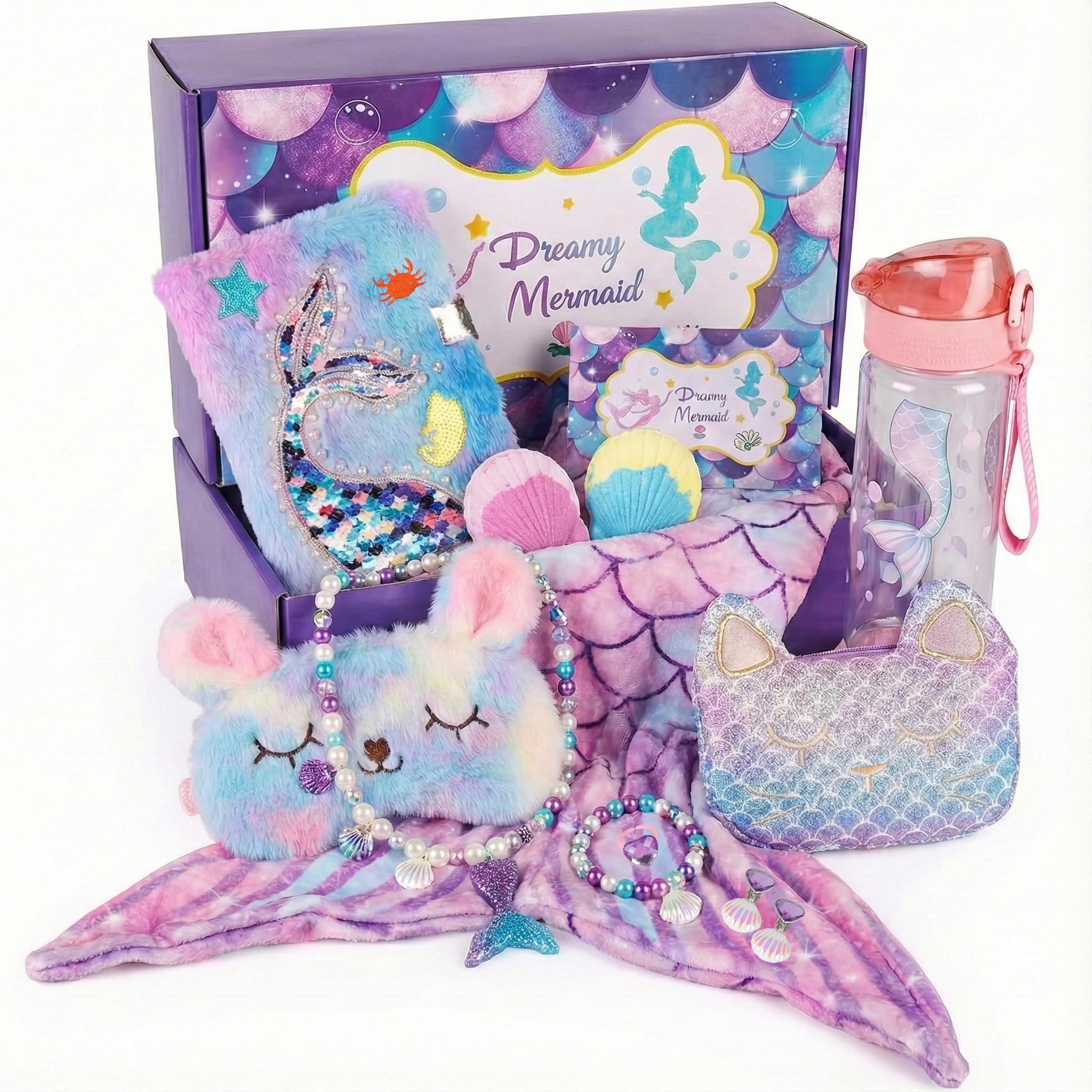 Mermaid Gifts for Girls 4-10 Year Old, 8Pc Gift Box with Mermaid Tail Blanket, Jewelry, Kids Purse, water bottle & Notebook, Birthday Toys for 4-6 8-
