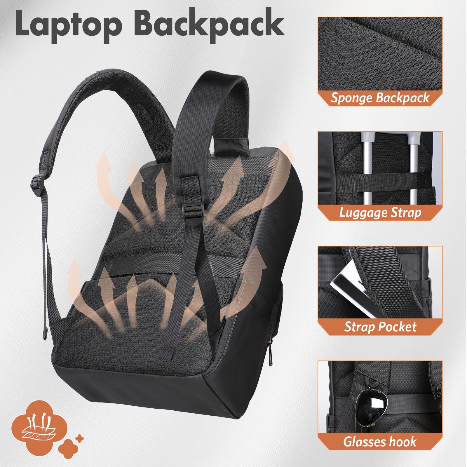 hk Mochila Vintage para Hombre Mujer, Mochila Portátil 15.6 Pulgadas | con Solapa Magnética, Mochila con tapa, Ligera Impermeable, Mochila Trabajo Viaje Universidad Mochila Antirrobo Casual,Negro