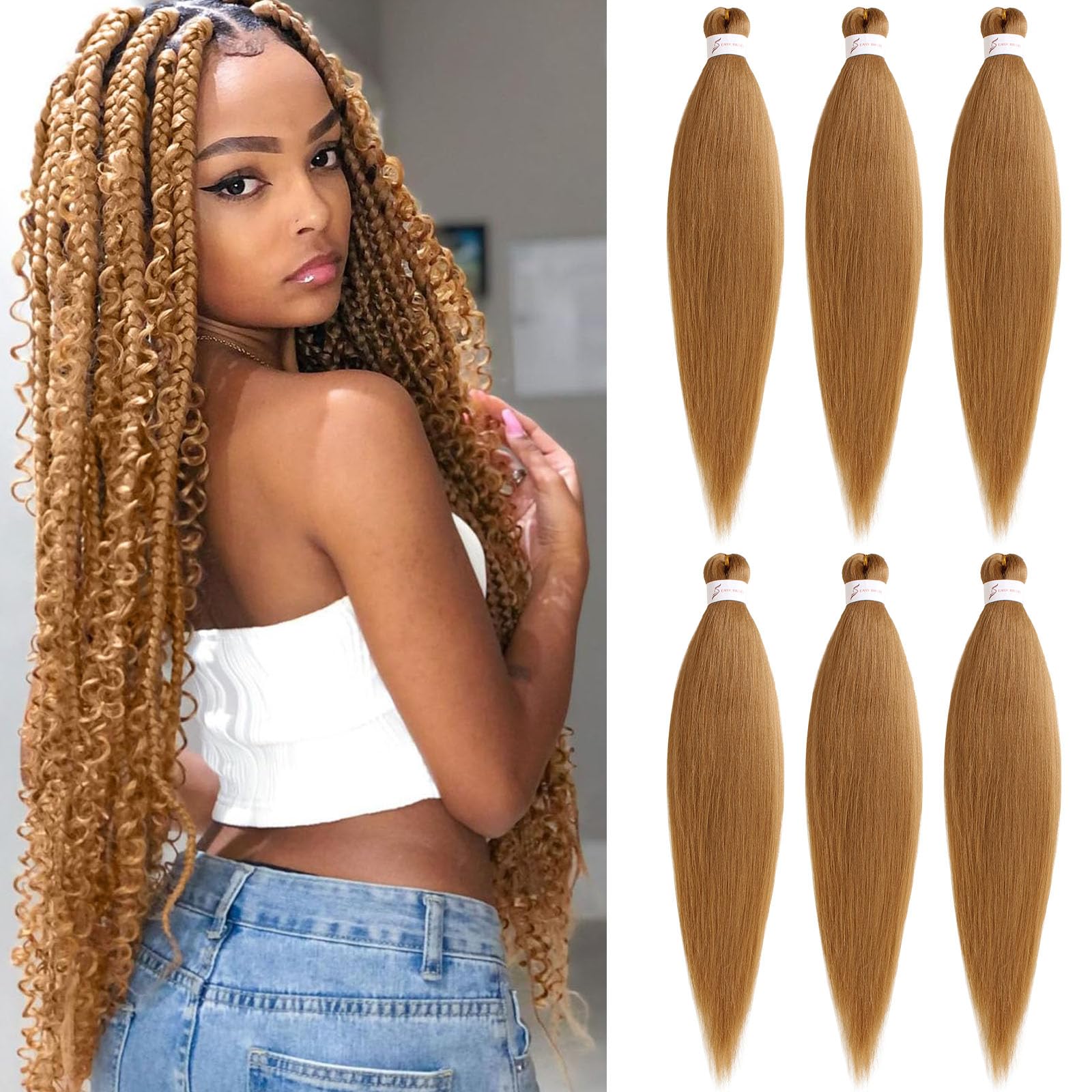 Samtress 20 Inch Pre Stretched Braiding Hair 6 Packs Natural Black Easy Braid Soft Yaki Texture Kanekalon Synthetic Braiding Hair Extensions for Women Hot Water Setting Crochet Braids (#Black)