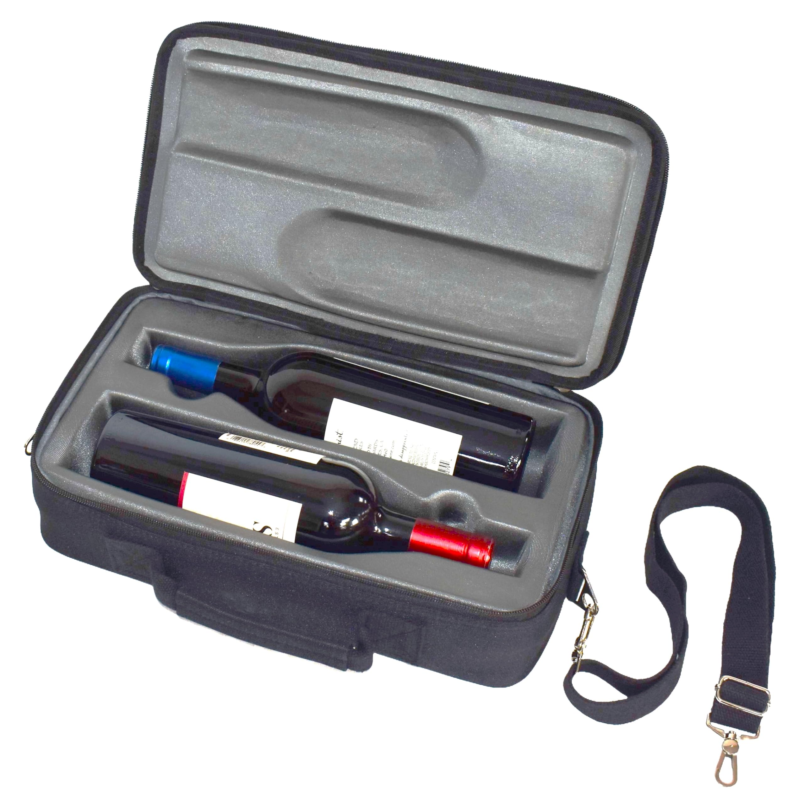 Borsa termica per trasportare bottiglie di vino, liquori e birra da viaggio. Le bottiglie sono infrangibili se cadono fino a 1,8 m., nero, Medium, 2 bottiglie