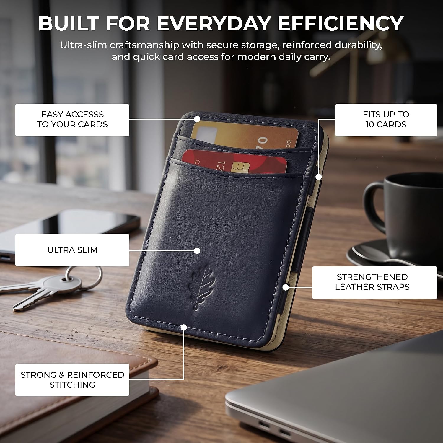 Magic Wallet for Men, Slim Genuine Leather Minimalist Wallet, RFID Blocking Front Pocket Card Holder with Elastic Bill Bands, Thin Compact Bi-fold Cash Organizer, Premium Mens Gift Idea - Dual Tone image 2