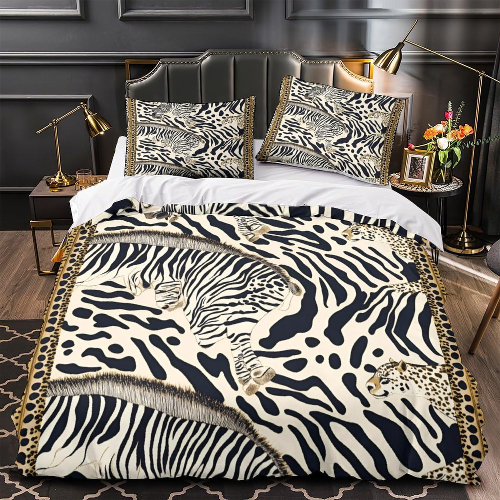 Parure de lit zèbre 220x240 cm avec housse de couette microfibre effet 3D doux