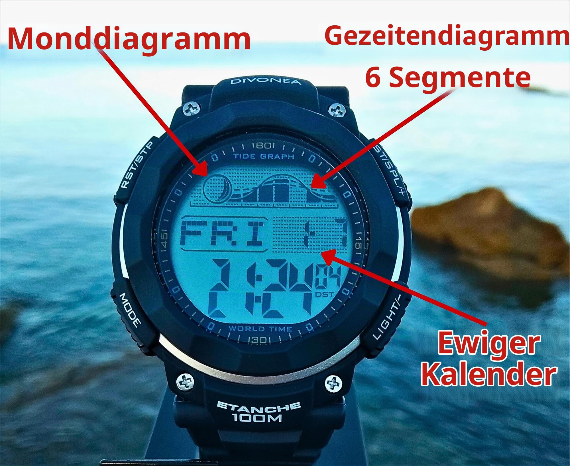 DiVONEA Digitaluhr mit Gezeitenanzeige und Mondphase
