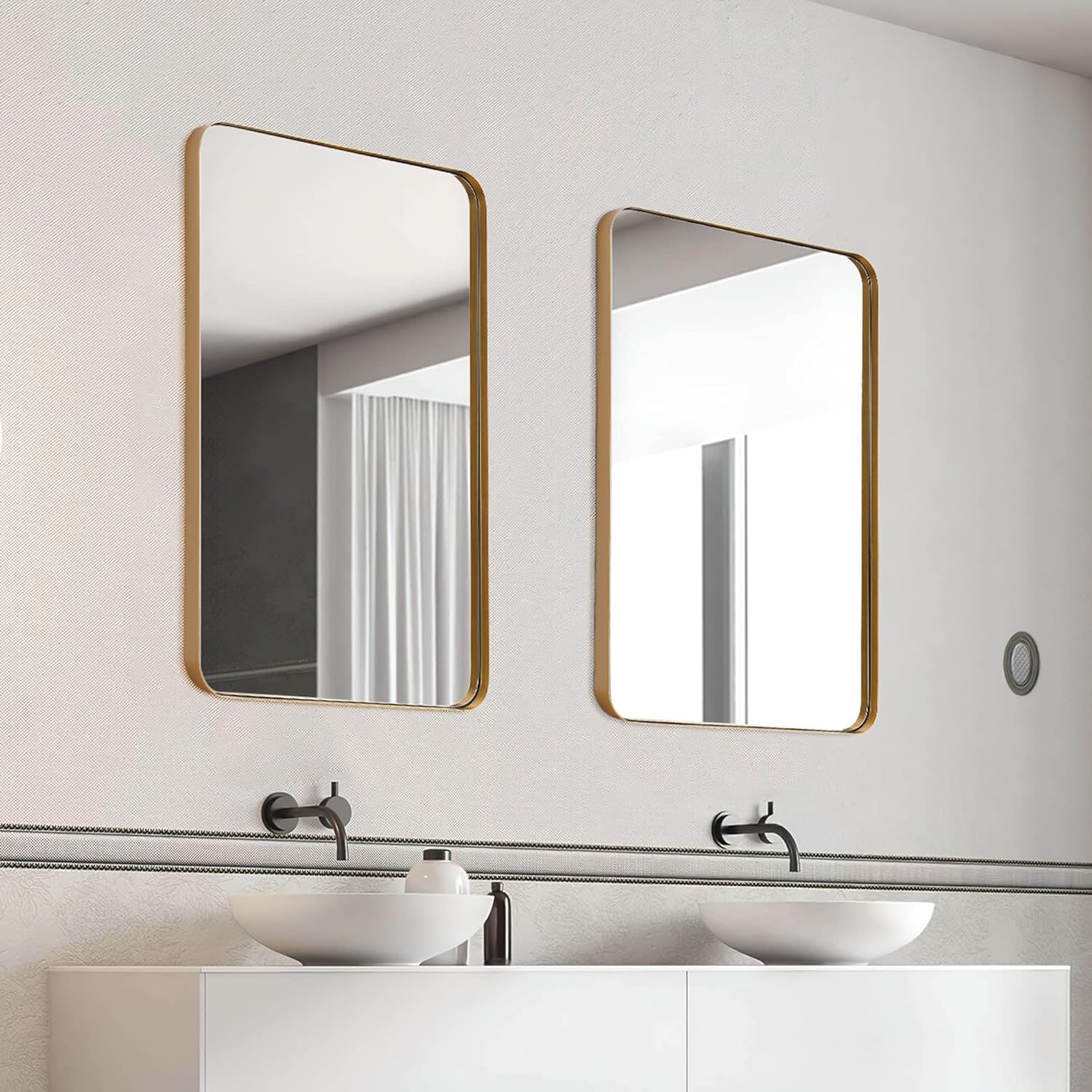 Clavie Gold Bathroom Mirror, 22x30 Inch Mirror for Bathroom Metal Frame Rounded Corner Rectangle Mirror Modern Bathroom Mirror Vertical or Horizontal Hanging Wall Mirrors for Wall Decor