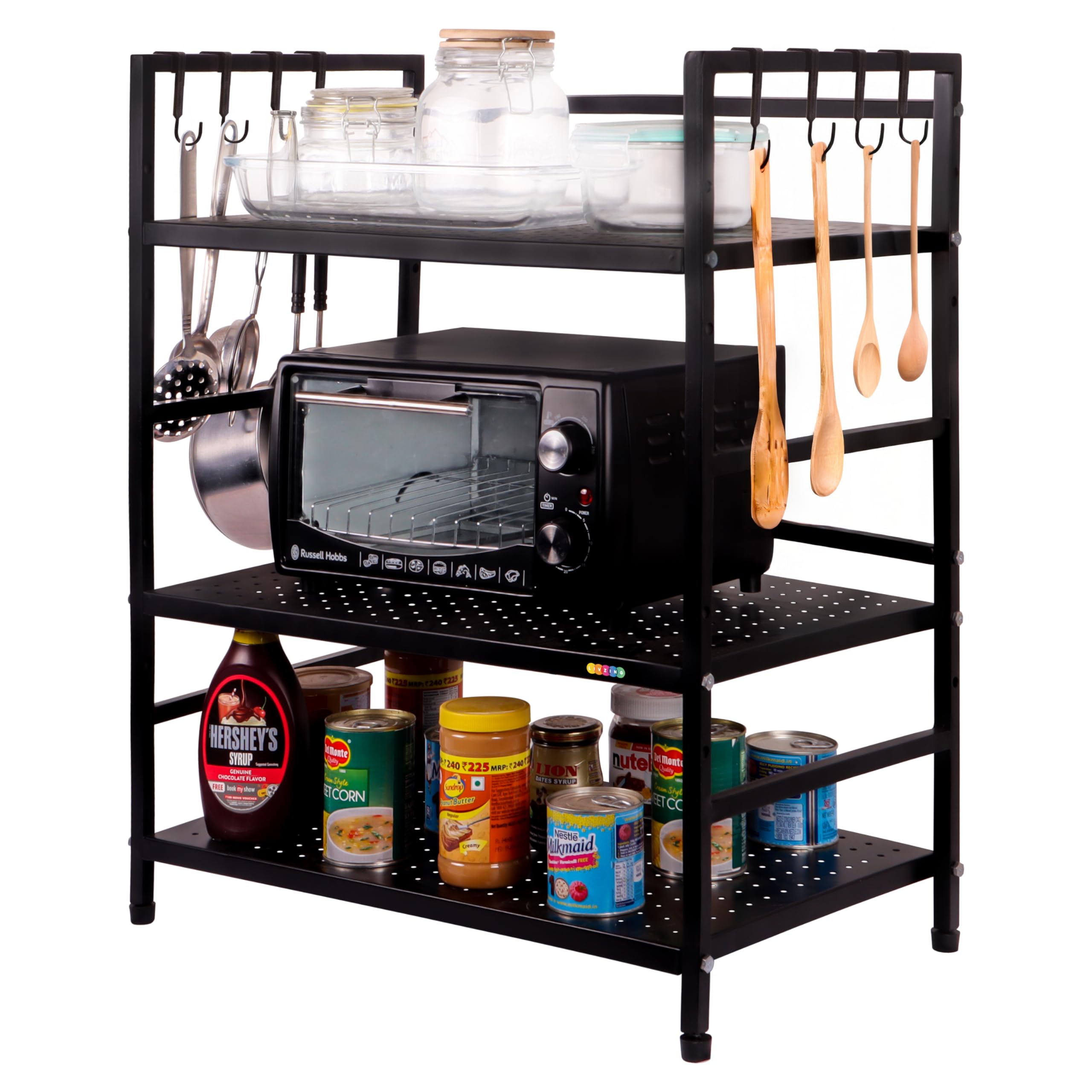 Livzing Microwave Oven Stand-3 Tier Floor Mount Metal Kitchen Organizer Free-Standing Shelves for OTG,Tall Stand for Kitchen,Long Height Organizer,Metak OTG Rack&Stand to Keep Mixer (Metal,Black)