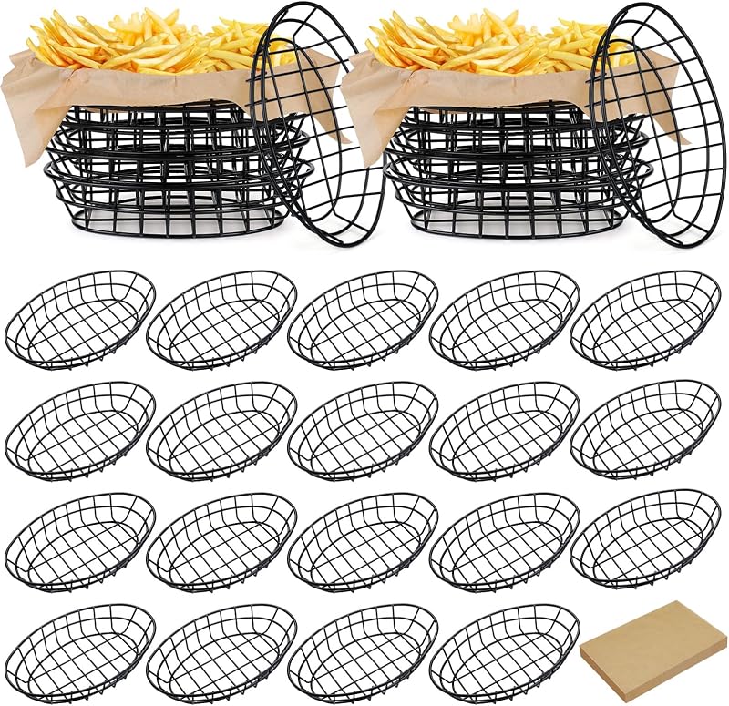 Hushee 24 Pcs Black Wire Fast Food Basket with 100 Sheets Deli Wrapper Paper 9.5 x 6.2 x 2.2 Inches Metal Bread Box Oval Metal Dinner Basket Storage for Kitchen Bread Deli Serving Burger Picnic Party