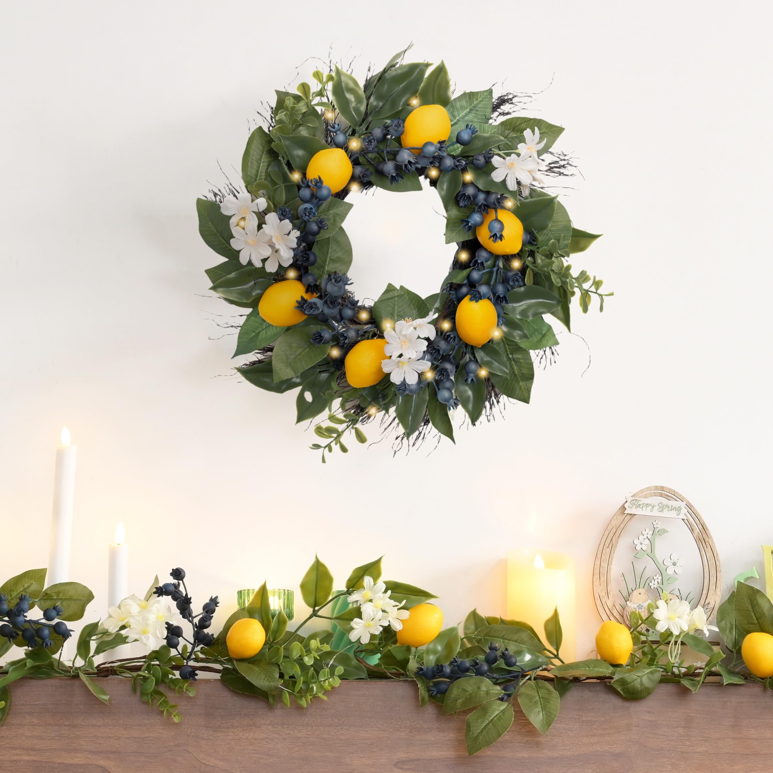 Valery Madelyn Summer Artificial Lemon Wreaths for Front Door with Lights, Spring Summer Door Wreath with Eucalyptus Greenery Leaves Blueberry for Farmhouse Fall Home Kitchen Party Wall Decor-14''