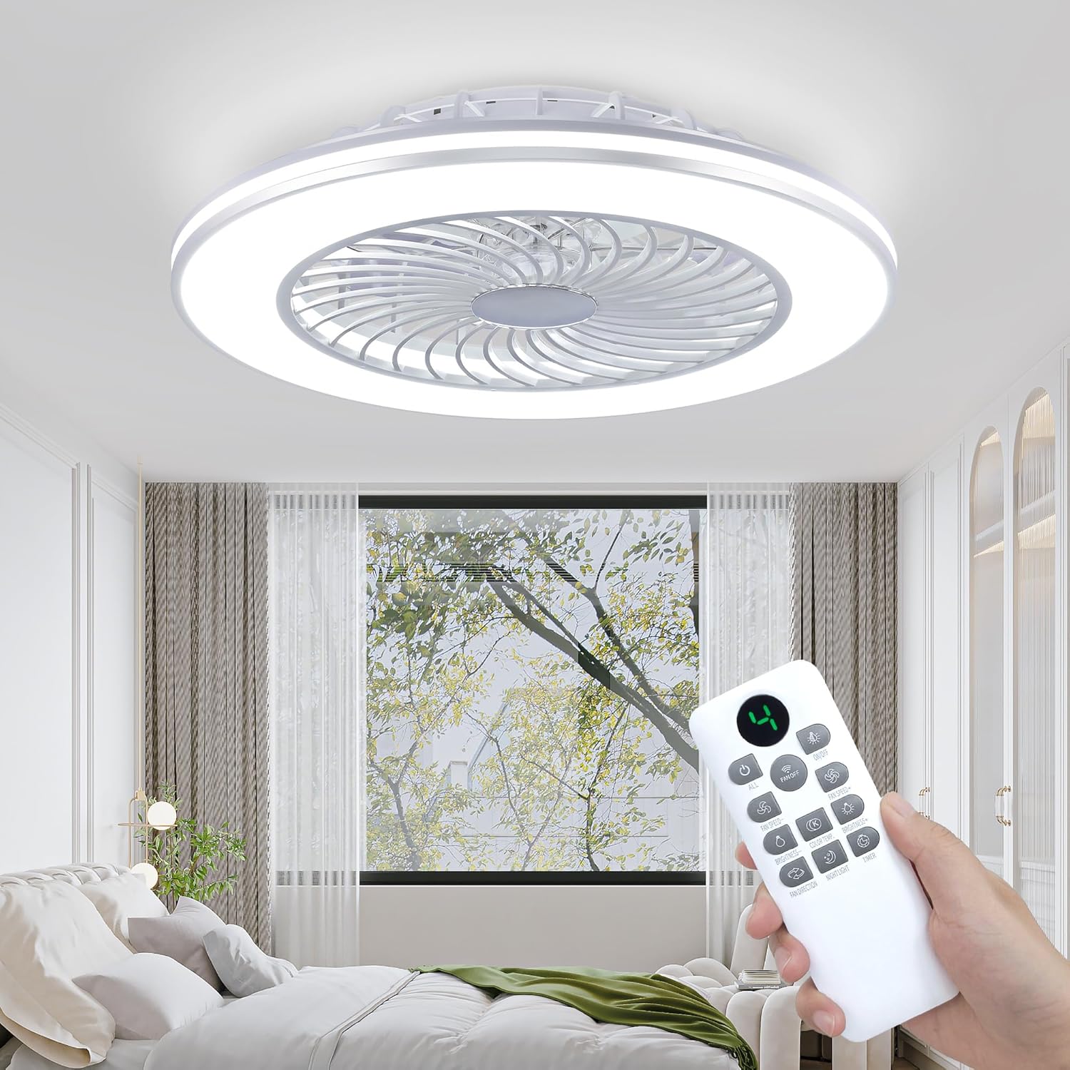 24" Ceiling Fans with Lights and Remote, Low Profile Ceiling Fan with 6 Wind Speed and 3 Colors Light Adjustment for Bedroom Kitchen Living Room