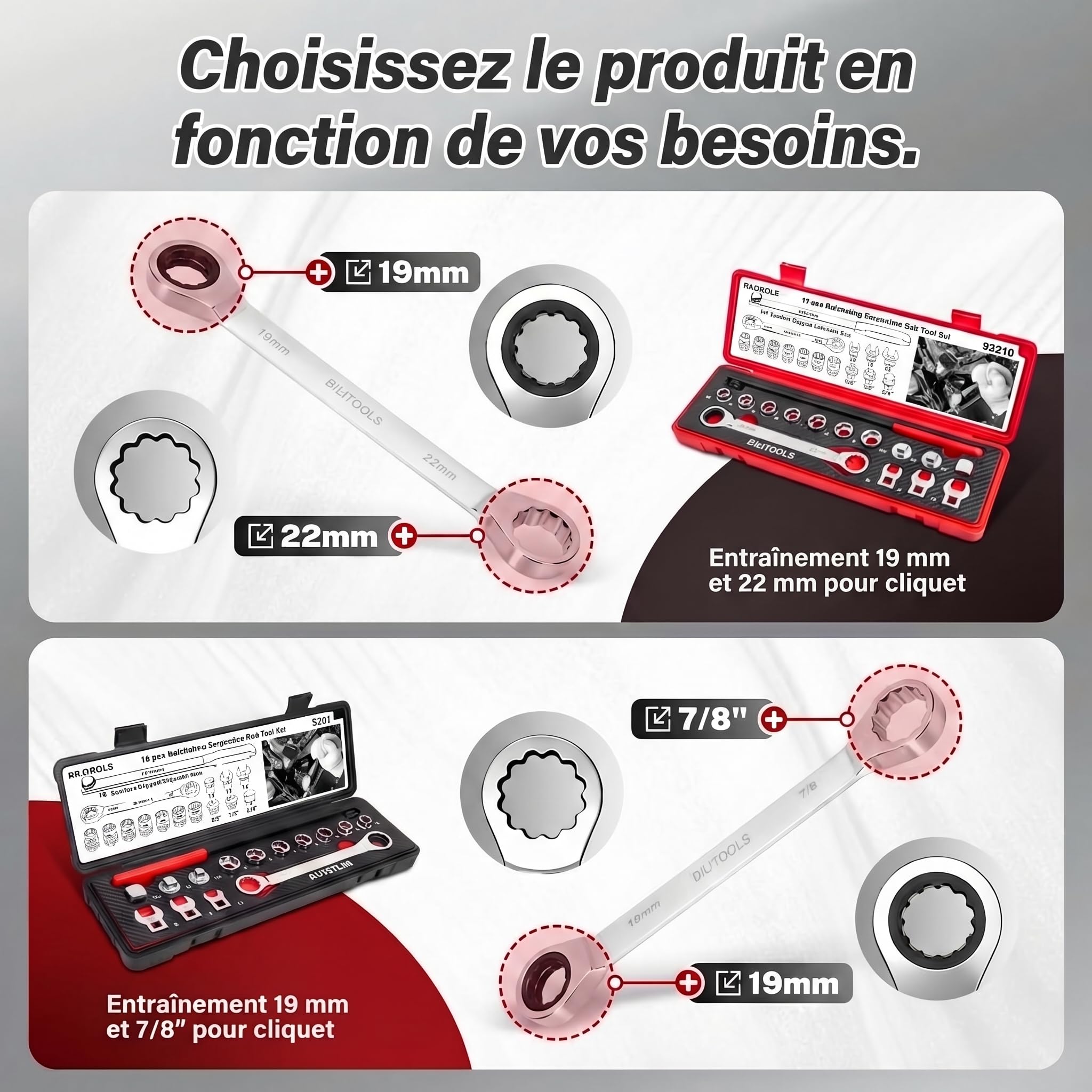 BILITOOLS Tendeur courroie accessoire 15 pcs Outil courroie accessoires | clé courroie accessoire outil pour démontage et tension courroie accessoire douilles à ergot adaptateurs KFZ voiture moteur